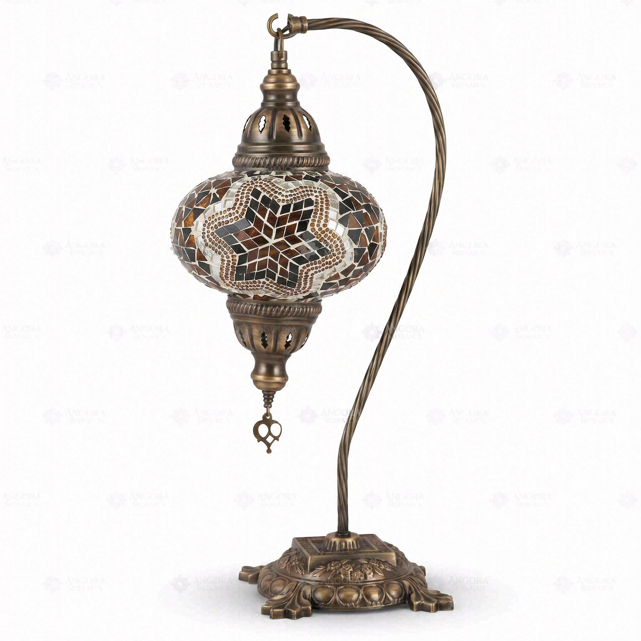 Full view of handmade Amber warm amber Turkish mosaic table lamp on white background (ENV DVN3088)