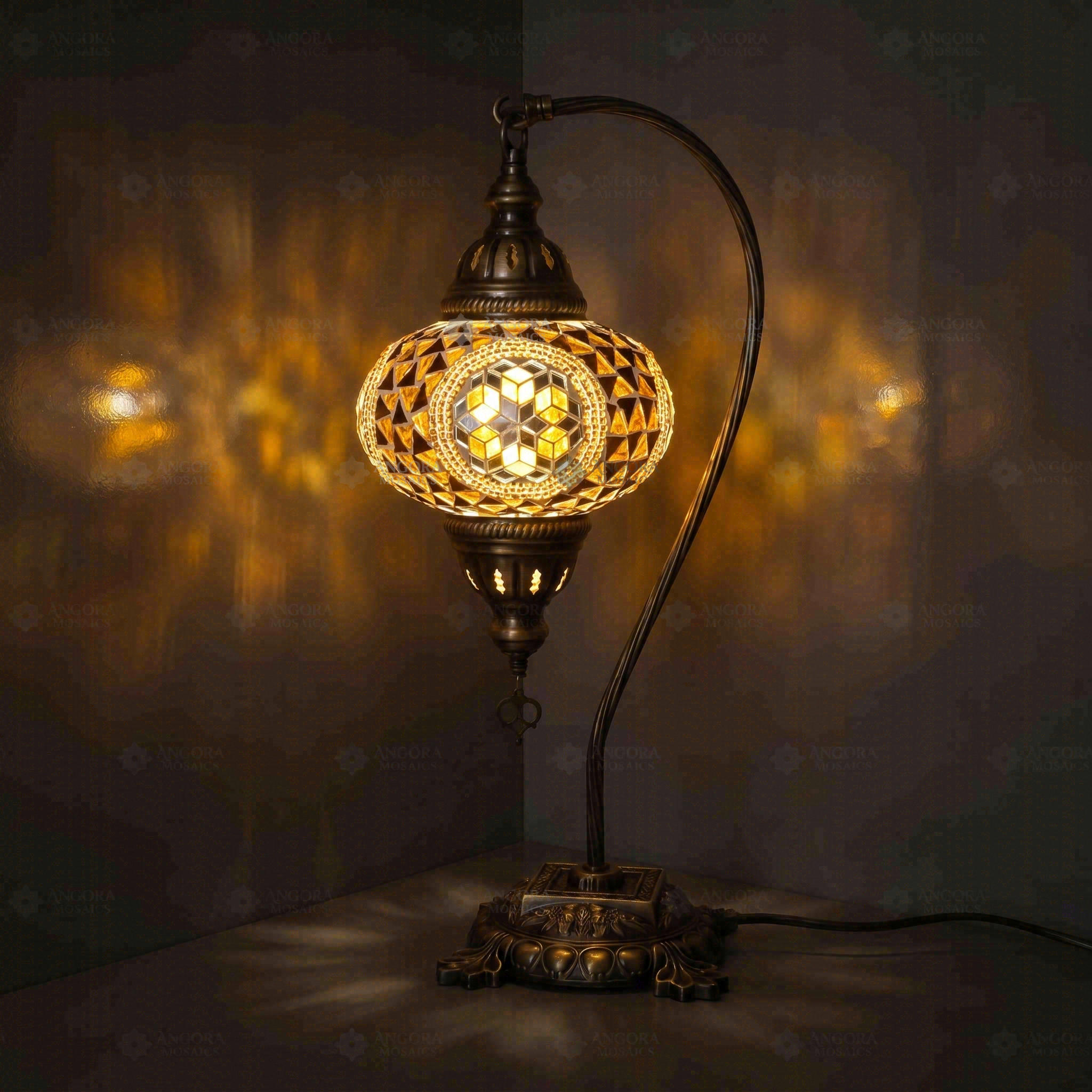 Amber Turkish mosaic table lamp illuminated, showing colorful light projection (ENV DVN3089)