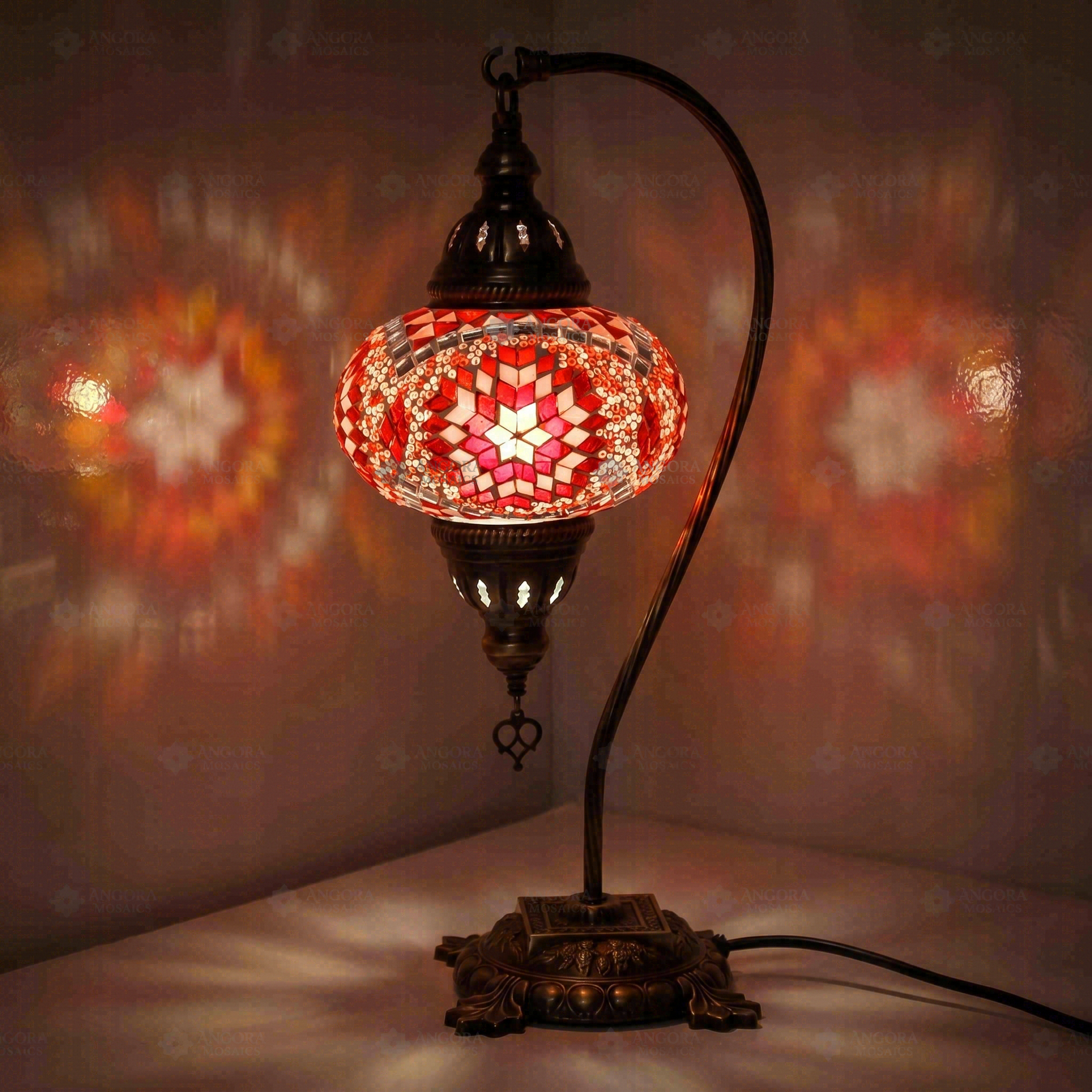 Red Turkish mosaic table lamp illuminated, showing colorful light projection (ENV DVN3090)