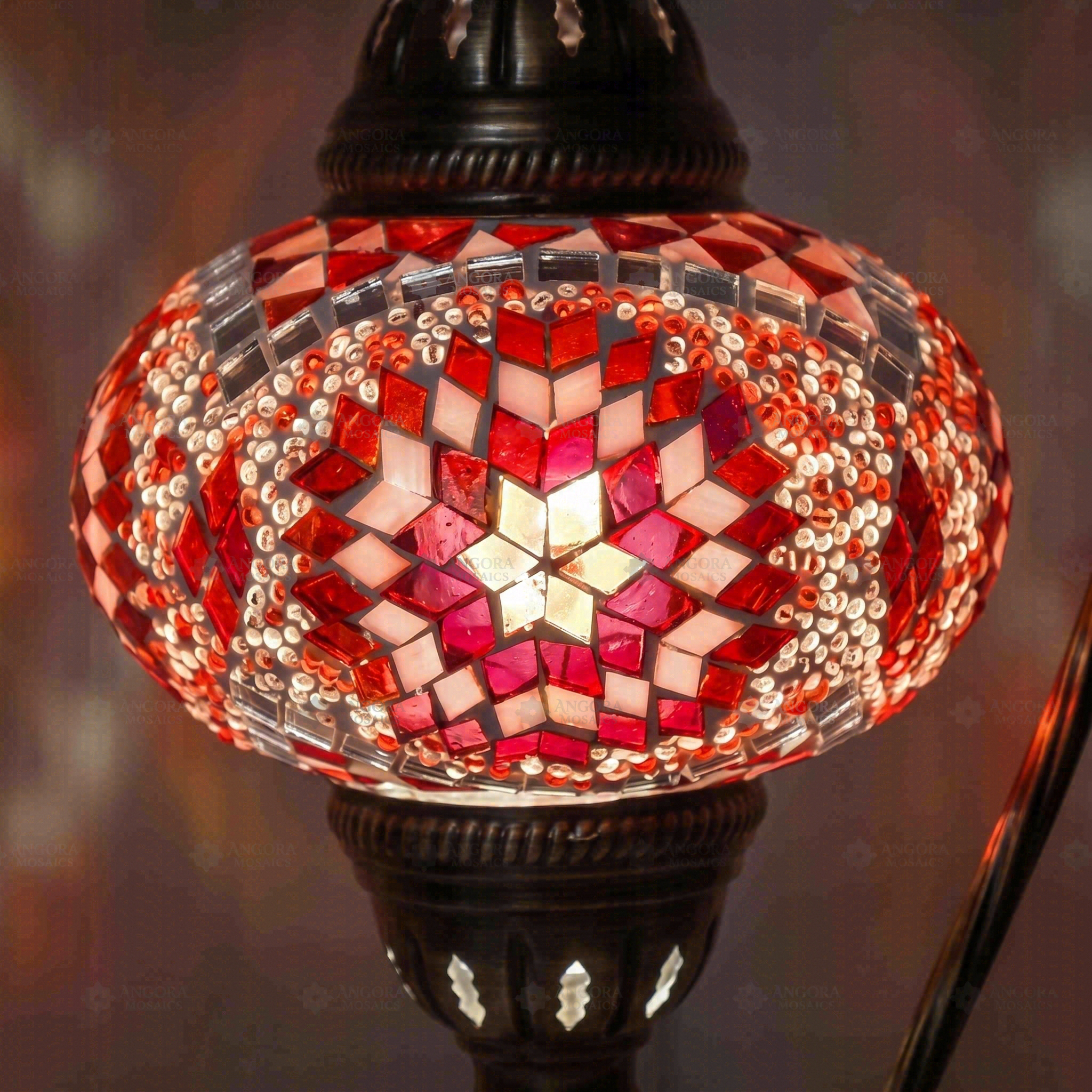 Lit close-up of mosaic glass globe — Red table lamp glowing (ENV DVN3090)
