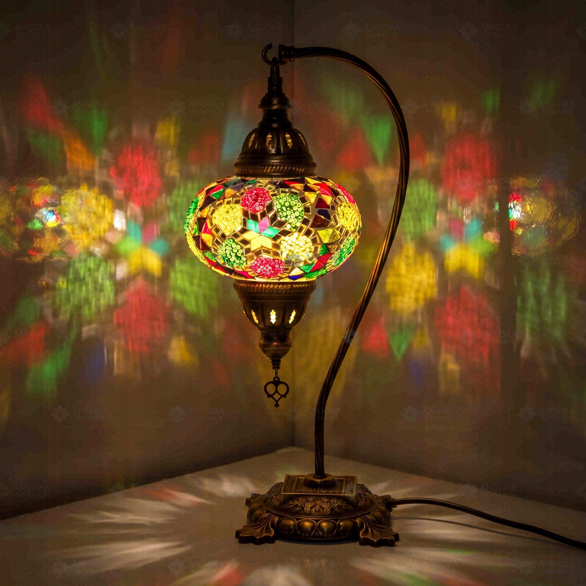 Multicolor Turkish mosaic table lamp illuminated, showing colorful light projection (ENV DVN3091)