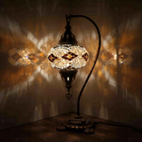 Amber Turkish mosaic table lamp illuminated, showing colorful light projection (ENV DVN3092)