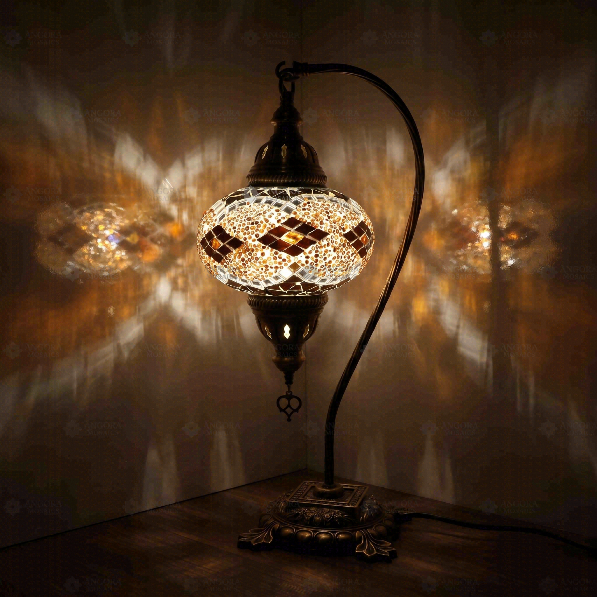Amber Turkish mosaic table lamp illuminated, showing colorful light projection (ENV DVN3092)