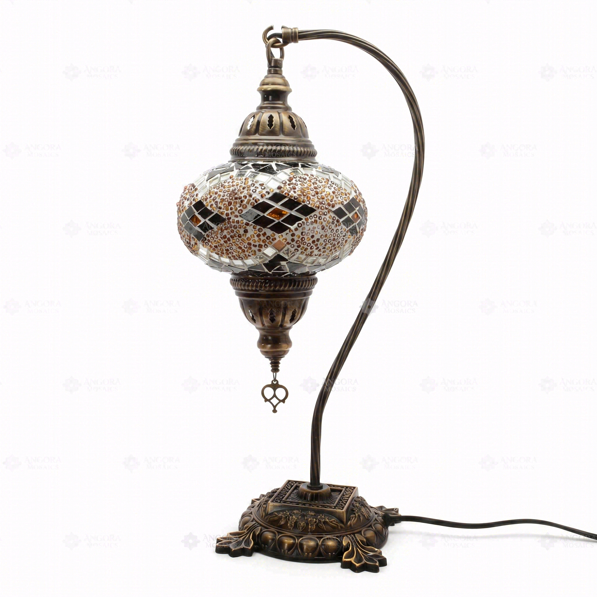 Full view of handmade Amber warm amber Turkish mosaic table lamp on white background (ENV DVN3092)