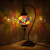 Multicolor Turkish mosaic table lamp illuminated, showing colorful light projection (ENV DVN3093)