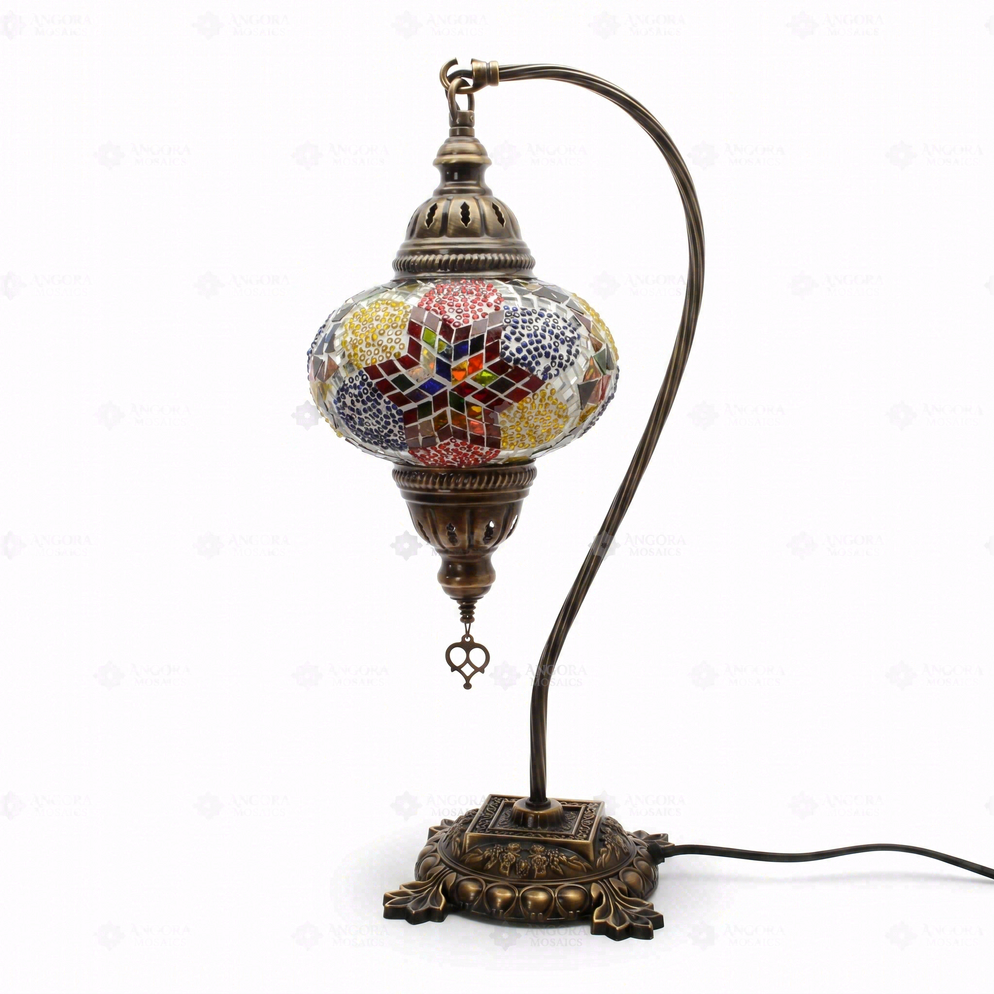 Full view of handmade Multicolor multicolor jewel Turkish mosaic table lamp on white background (ENV DVN3093)
