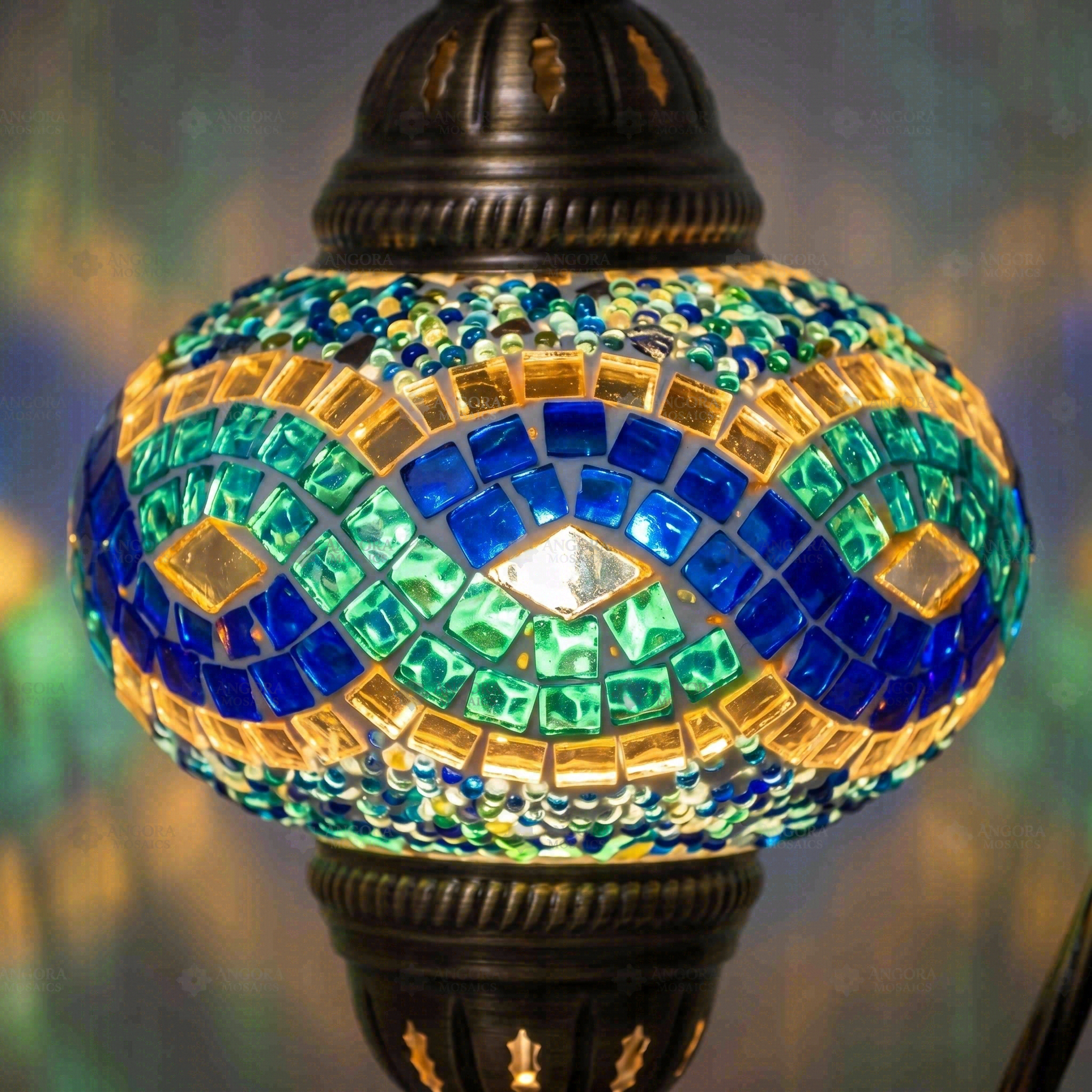 Lit close-up of mosaic glass globe — Blue table lamp glowing (ENV DVN3094)
