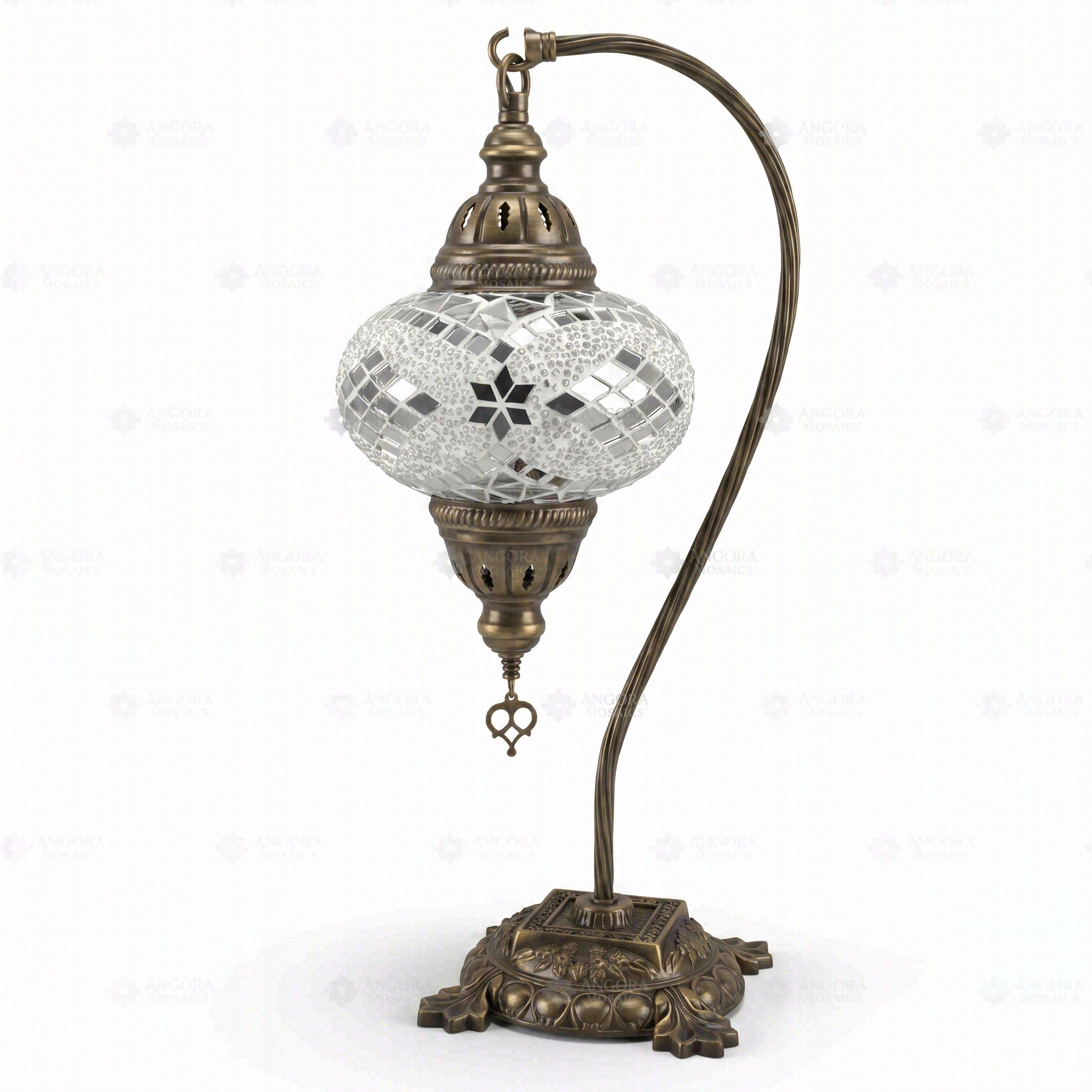 Full view of handmade White white glow Turkish mosaic table lamp on white background (ENV DVN3098)