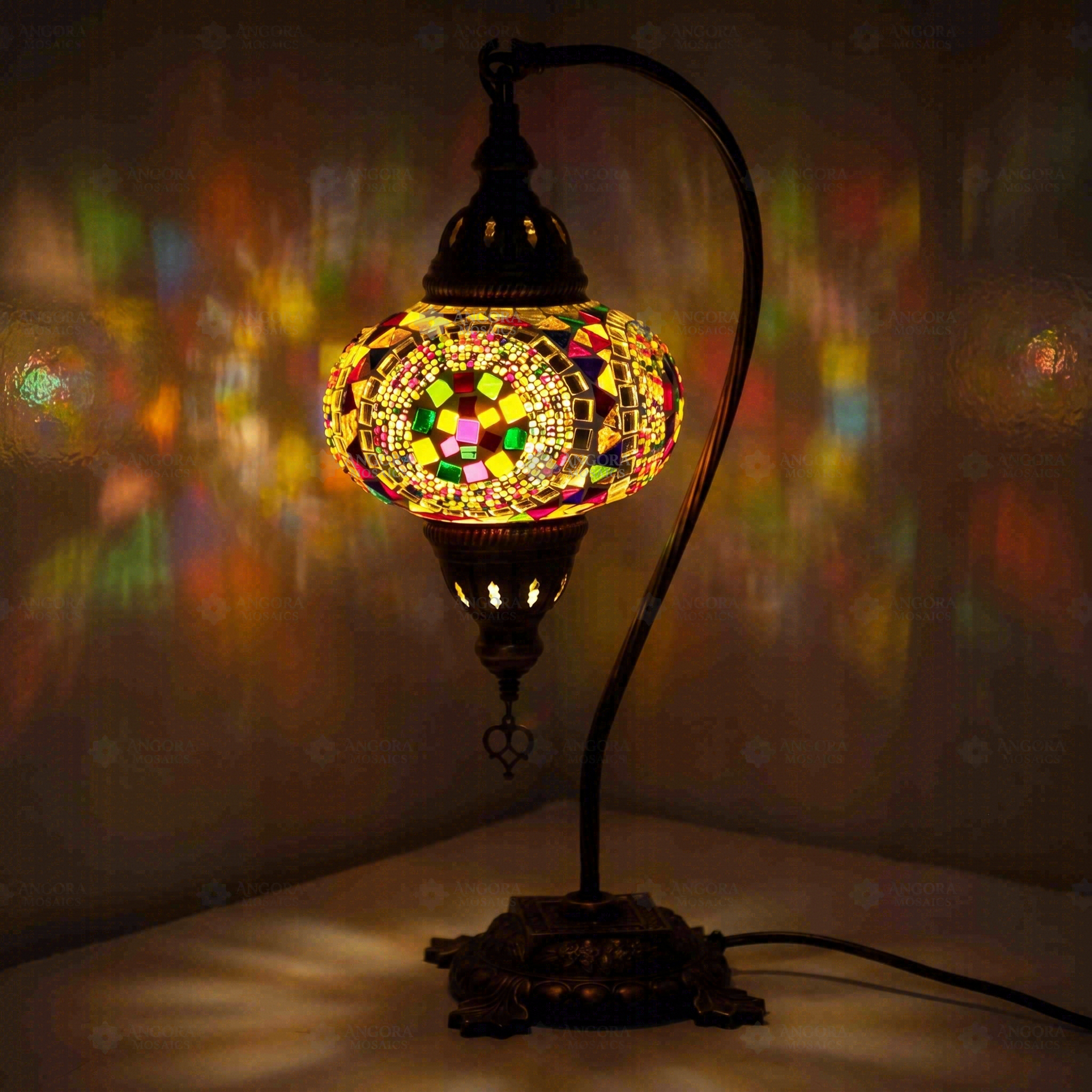 Multicolor Turkish mosaic table lamp illuminated, showing colorful light projection (ENV DVN3099)