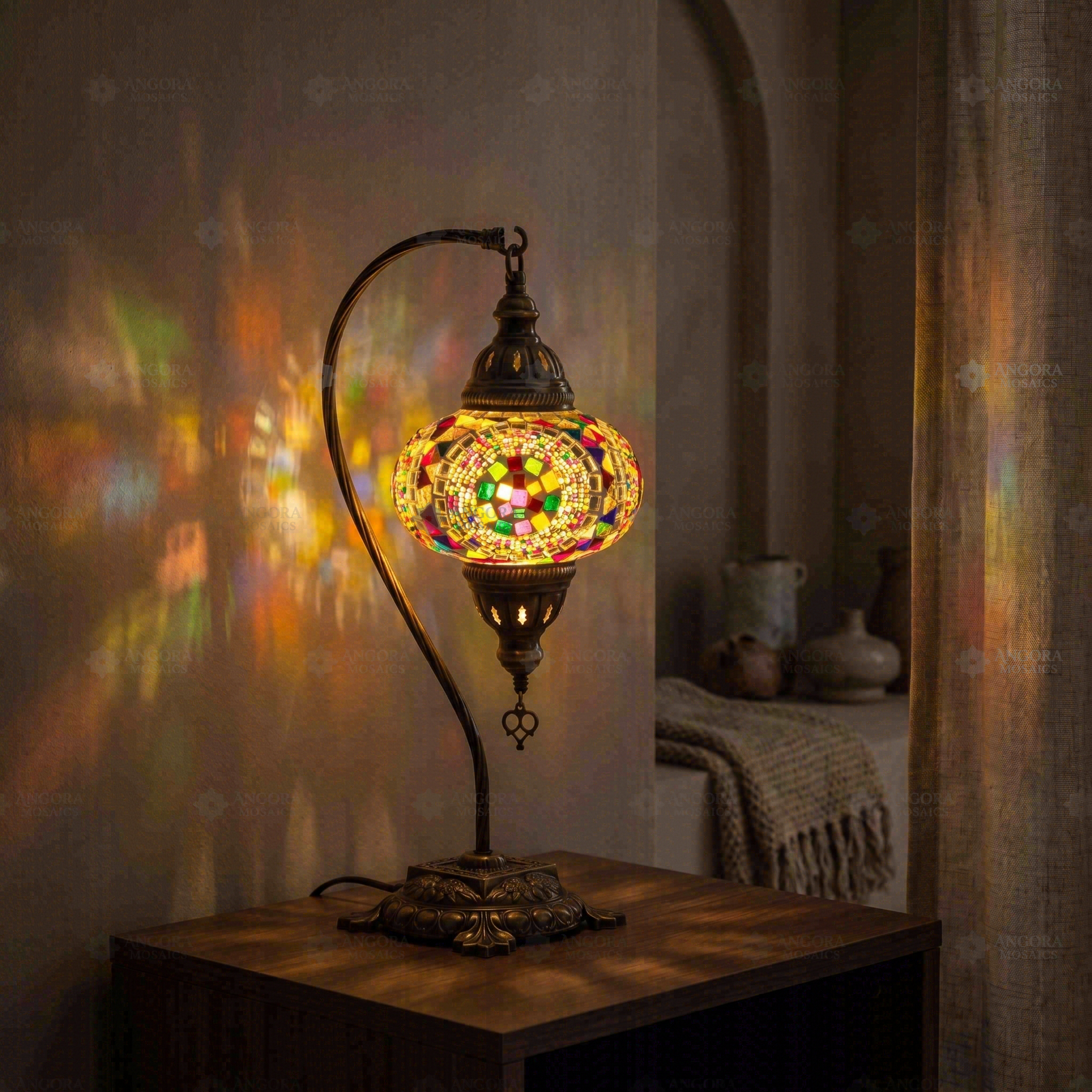 Multicolor multicolor jewel Turkish mosaic table lamp in styled room — handmade Moroccan table lamp (ENV DVN3099)
