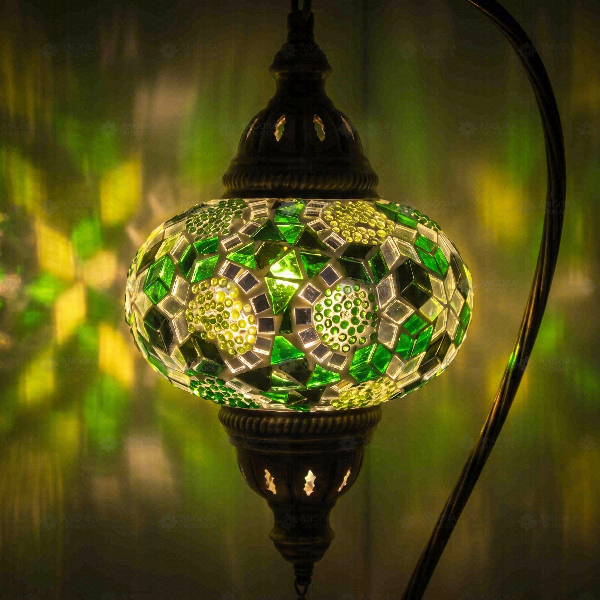 Lit close-up of mosaic glass globe — Green table lamp glowing (ENV DVN3100)