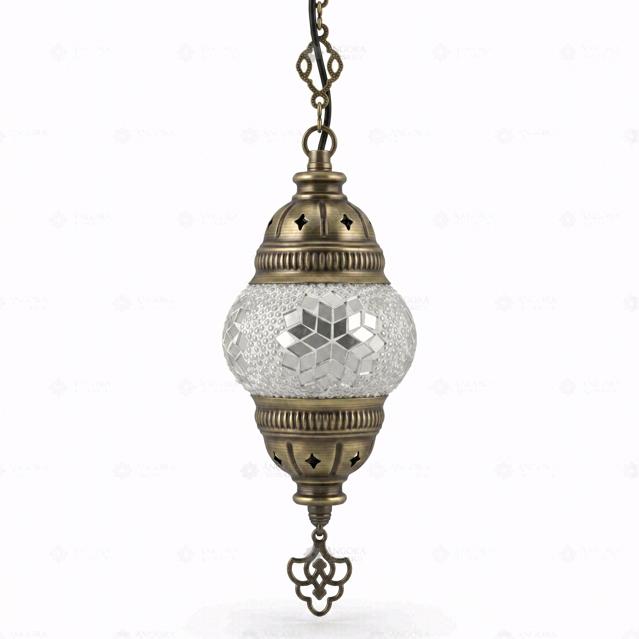 Full view of handmade White white glow Turkish mosaic pendant light on white background (ENV DYN1001)