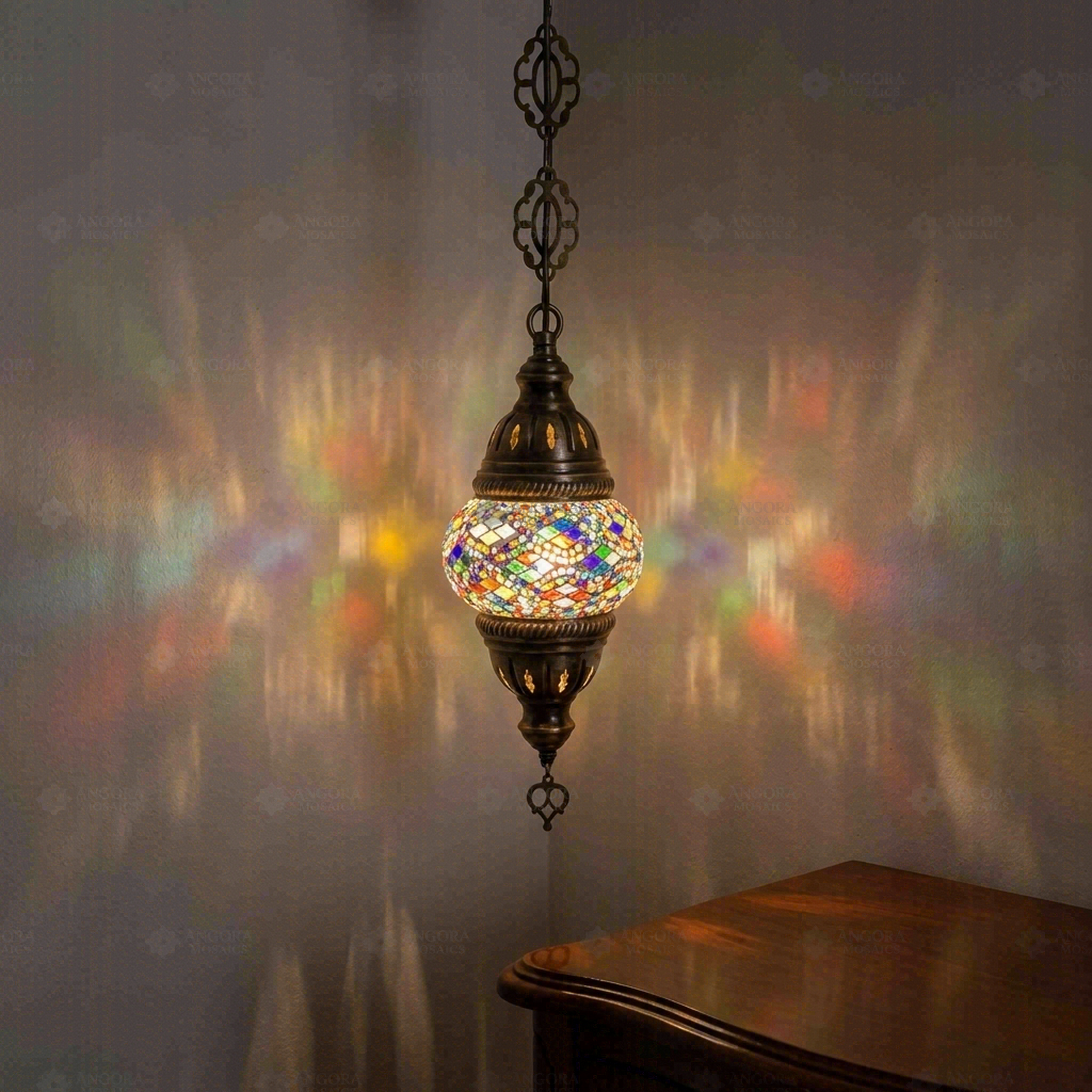 Multicolor Turkish mosaic pendant light illuminated, showing colorful light projection (ENV DYN1010)