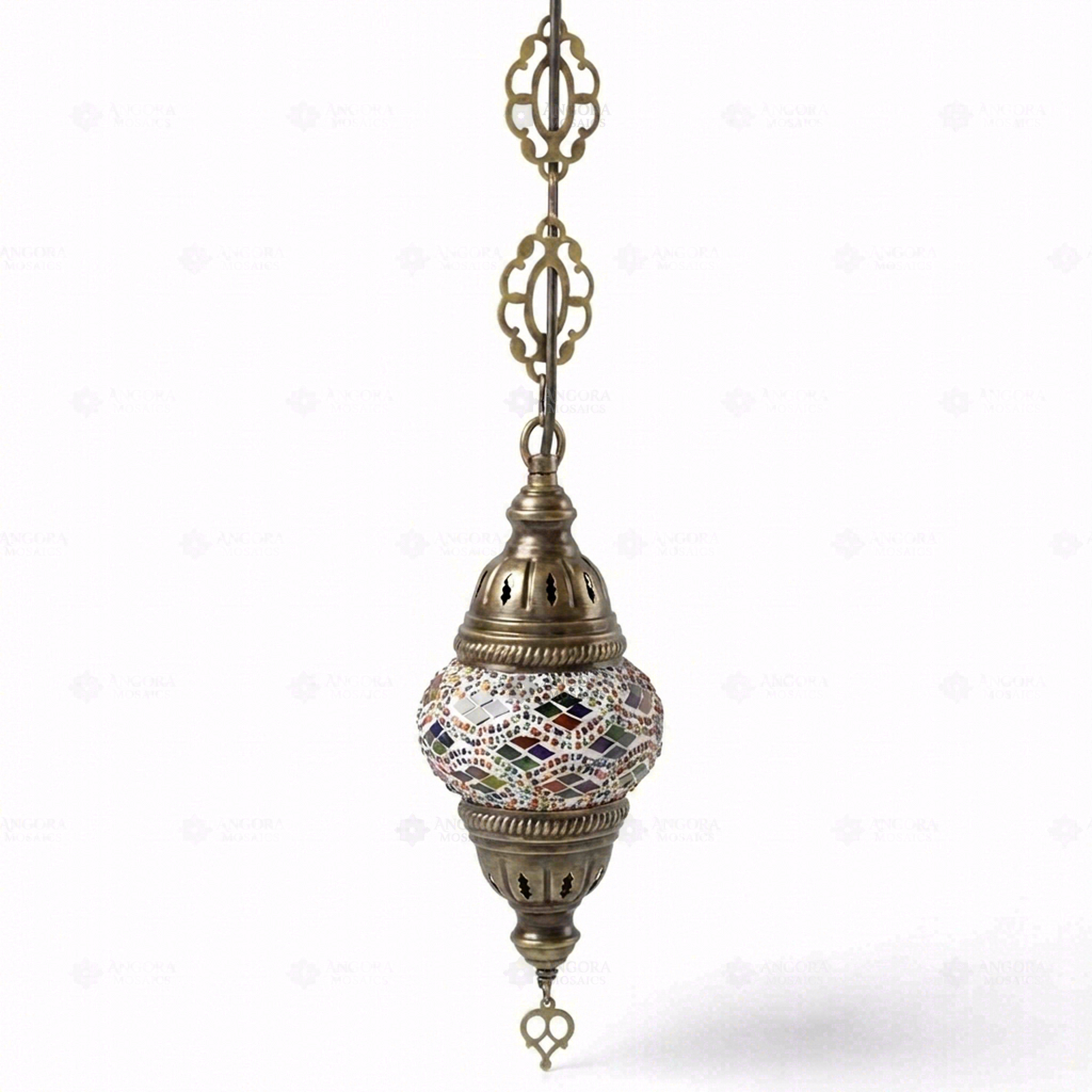 Full view of handmade Multicolor multicolor jewel Turkish mosaic pendant light on white background (ENV DYN1010)