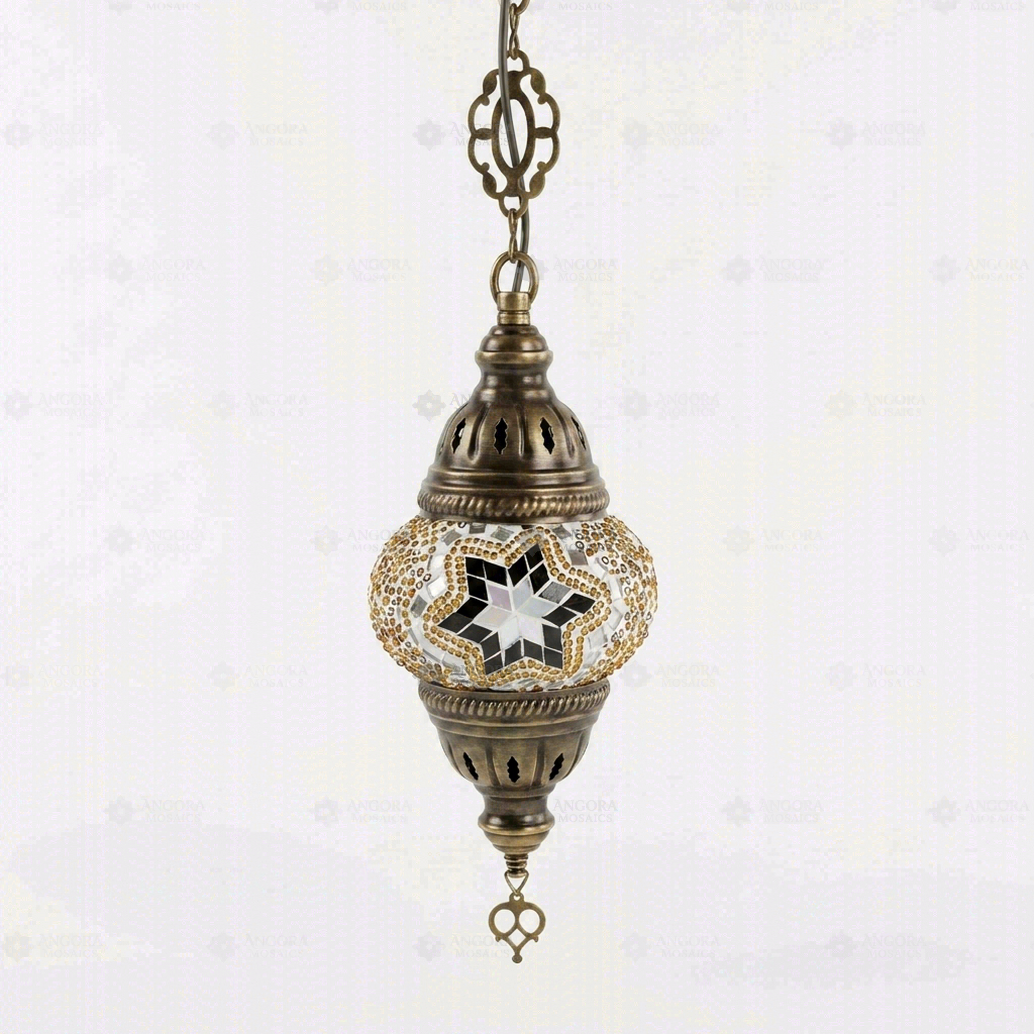 Full view of handmade Clear clear neutral Turkish mosaic pendant light on white background (ENV DYN1022)