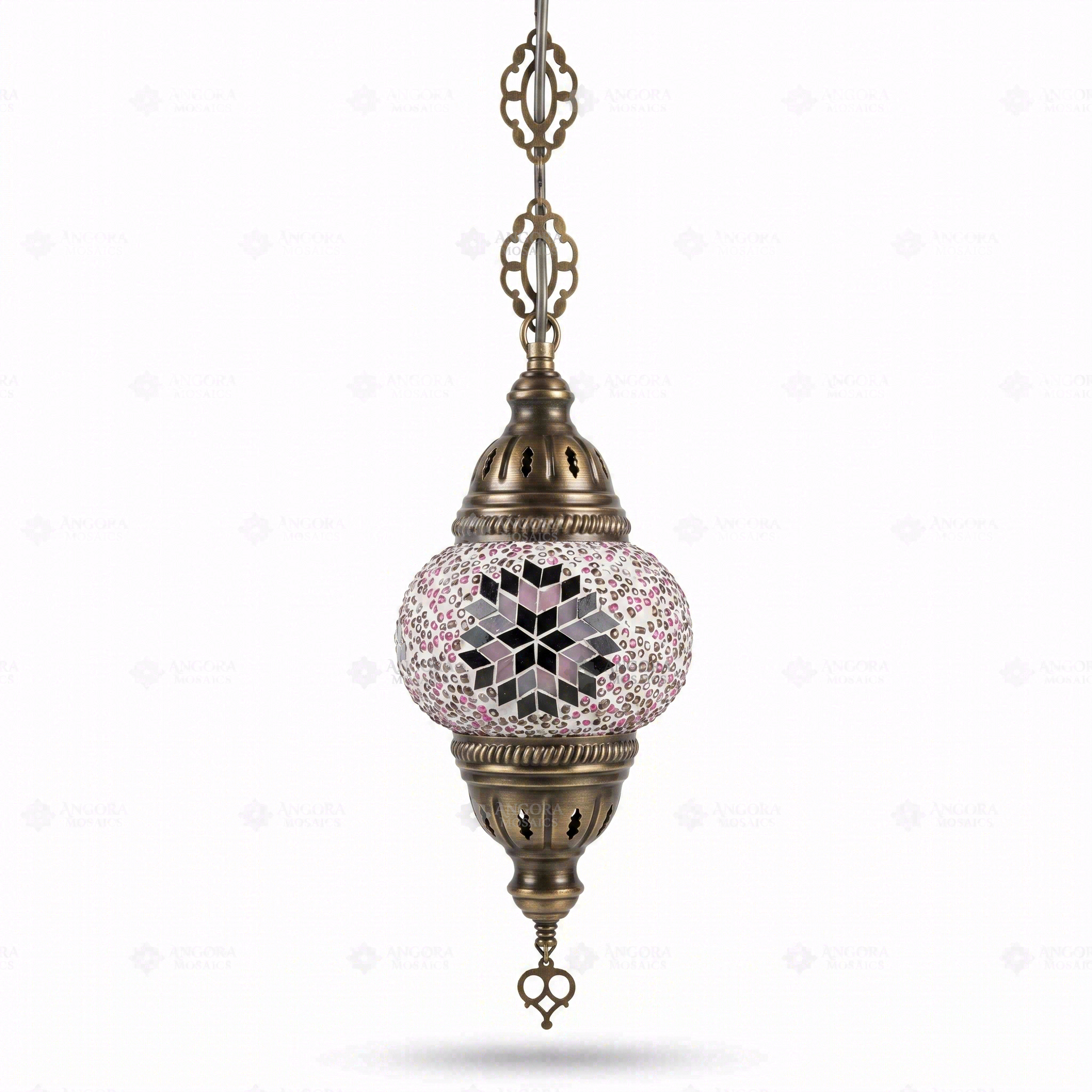 Full view of handmade Pink pink rose Turkish mosaic pendant light on white background (ENV DYN1034)