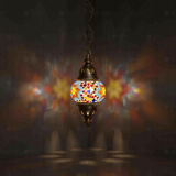 Multicolor Turkish mosaic pendant light illuminated, showing colorful light projection (ENV DYN1042)