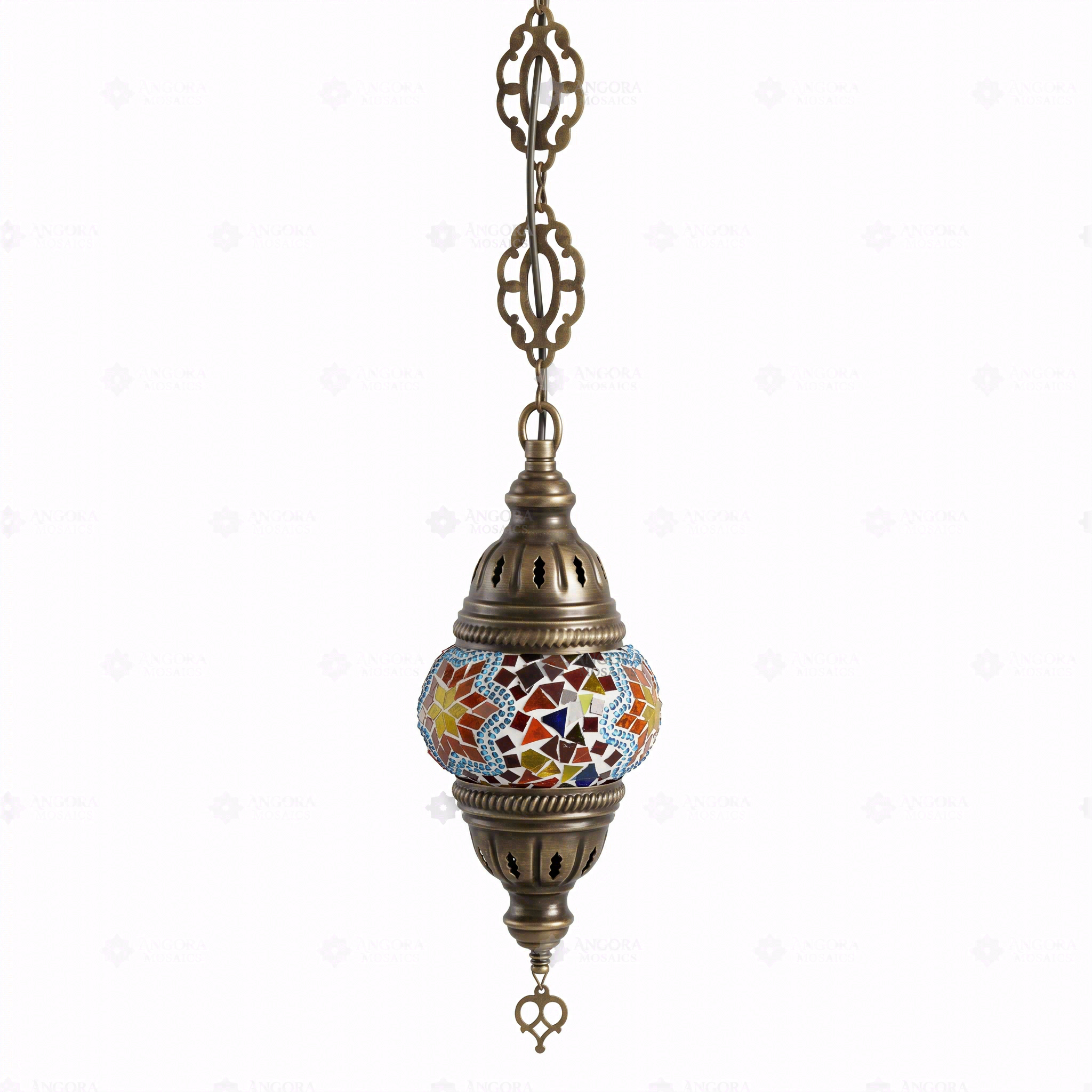 Full view of handmade Multicolor multicolor jewel Turkish mosaic pendant light on white background (ENV DYN1042)