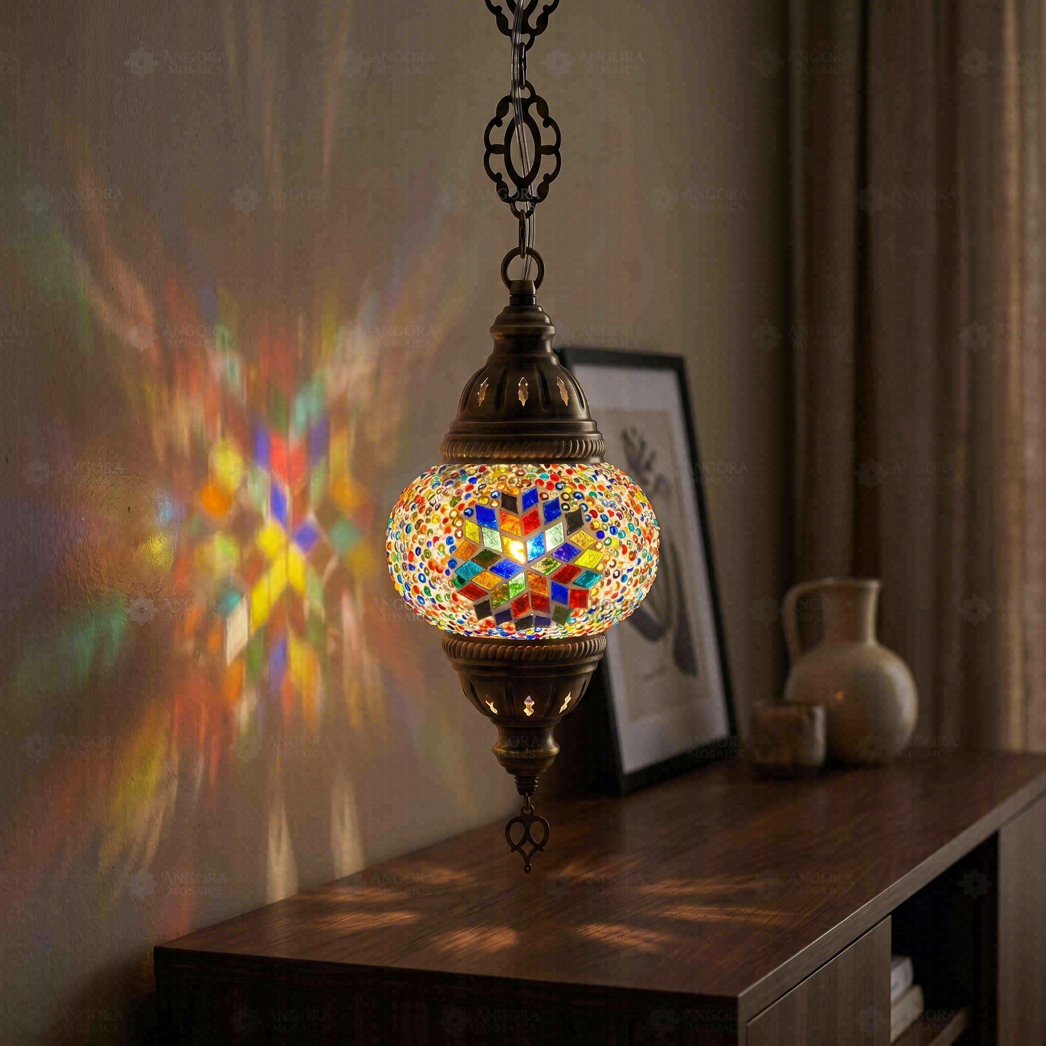 Multicolor multicolor jewel Turkish mosaic pendant light in styled room — handmade Moroccan pendant light (ENV DYN1061)
