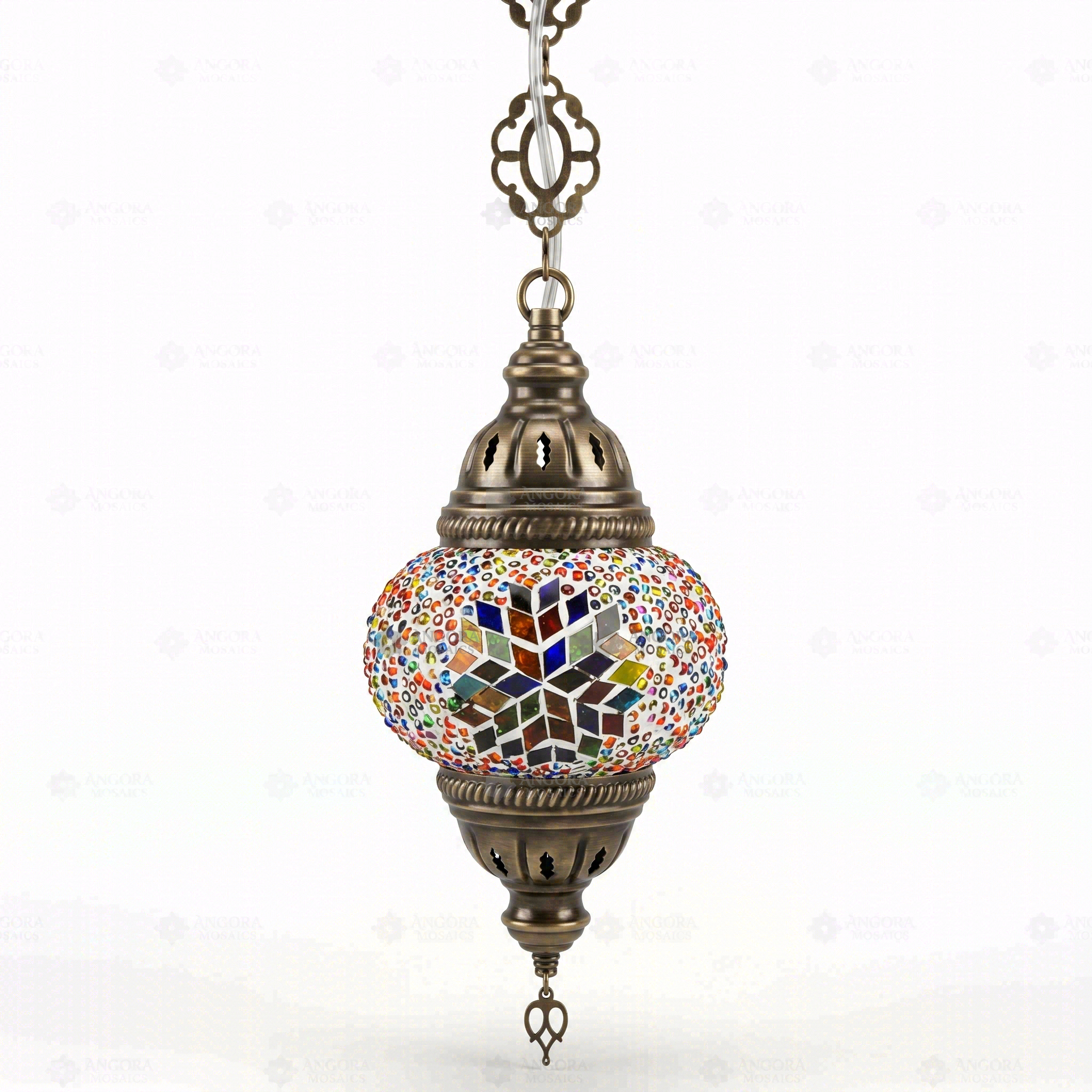 Full view of handmade Multicolor multicolor jewel Turkish mosaic pendant light on white background (ENV DYN1061)