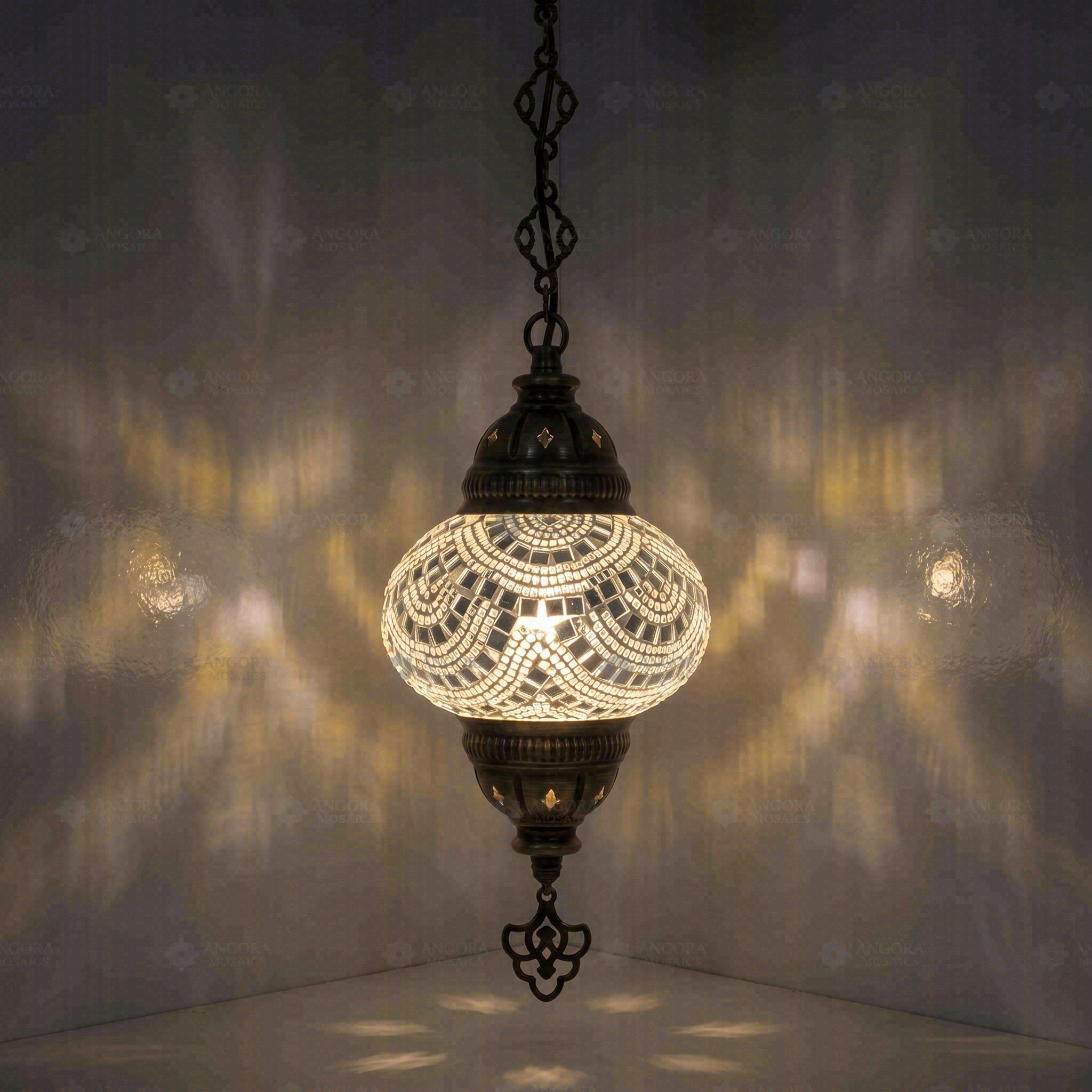 White Turkish mosaic pendant light illuminated, showing colorful light projection (ENV DYN2001)