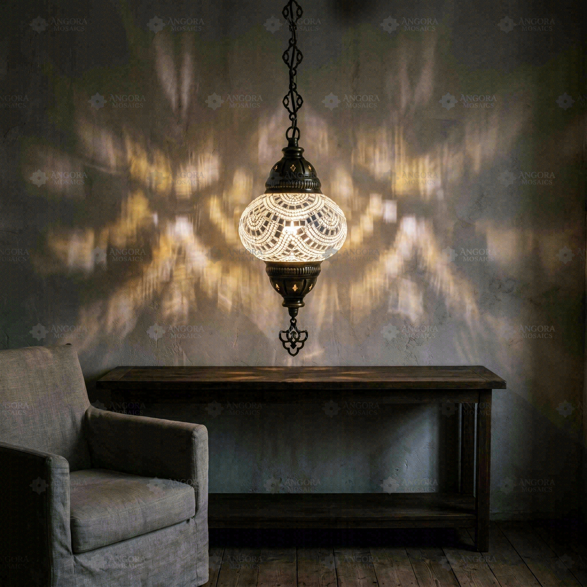 White white glow Turkish mosaic pendant light in styled room — handmade Moroccan pendant light (ENV DYN2001)