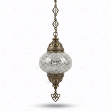 Full view of handmade White white glow Turkish mosaic pendant light on white background (ENV DYN2001)
