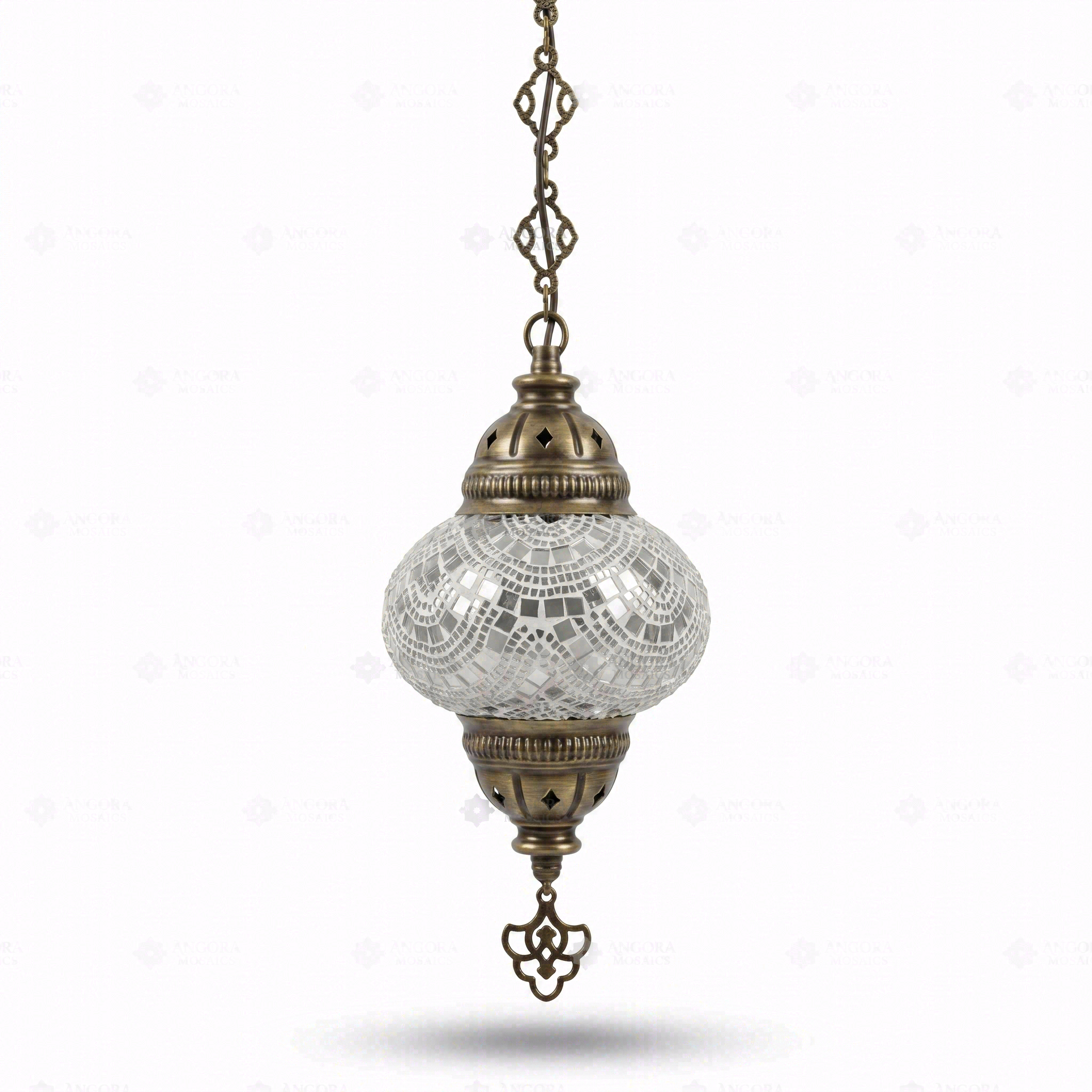 Full view of handmade White white glow Turkish mosaic pendant light on white background (ENV DYN2001)