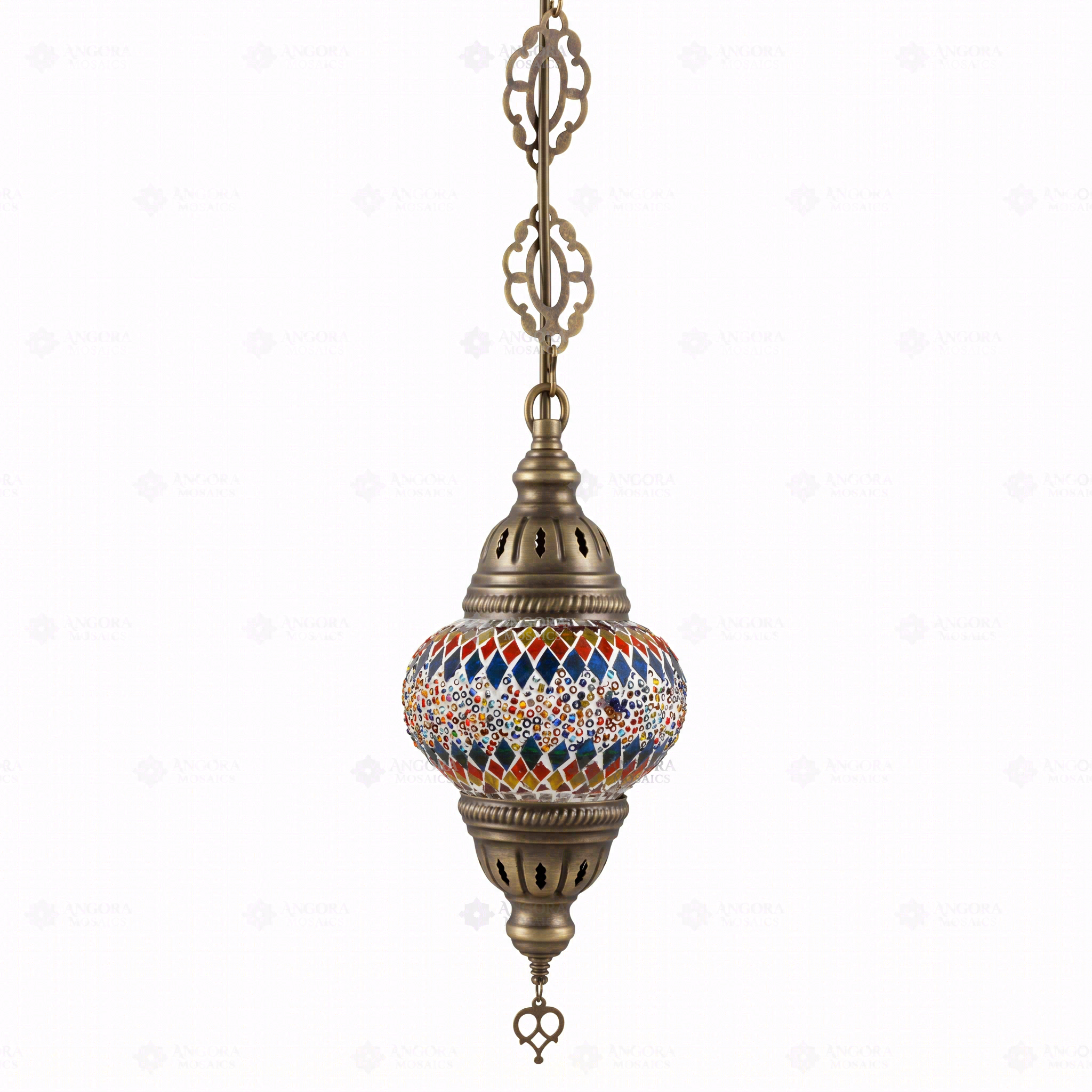 Full view of handmade Multicolor multicolor jewel Turkish mosaic pendant light on white background (ENV DYN2003)