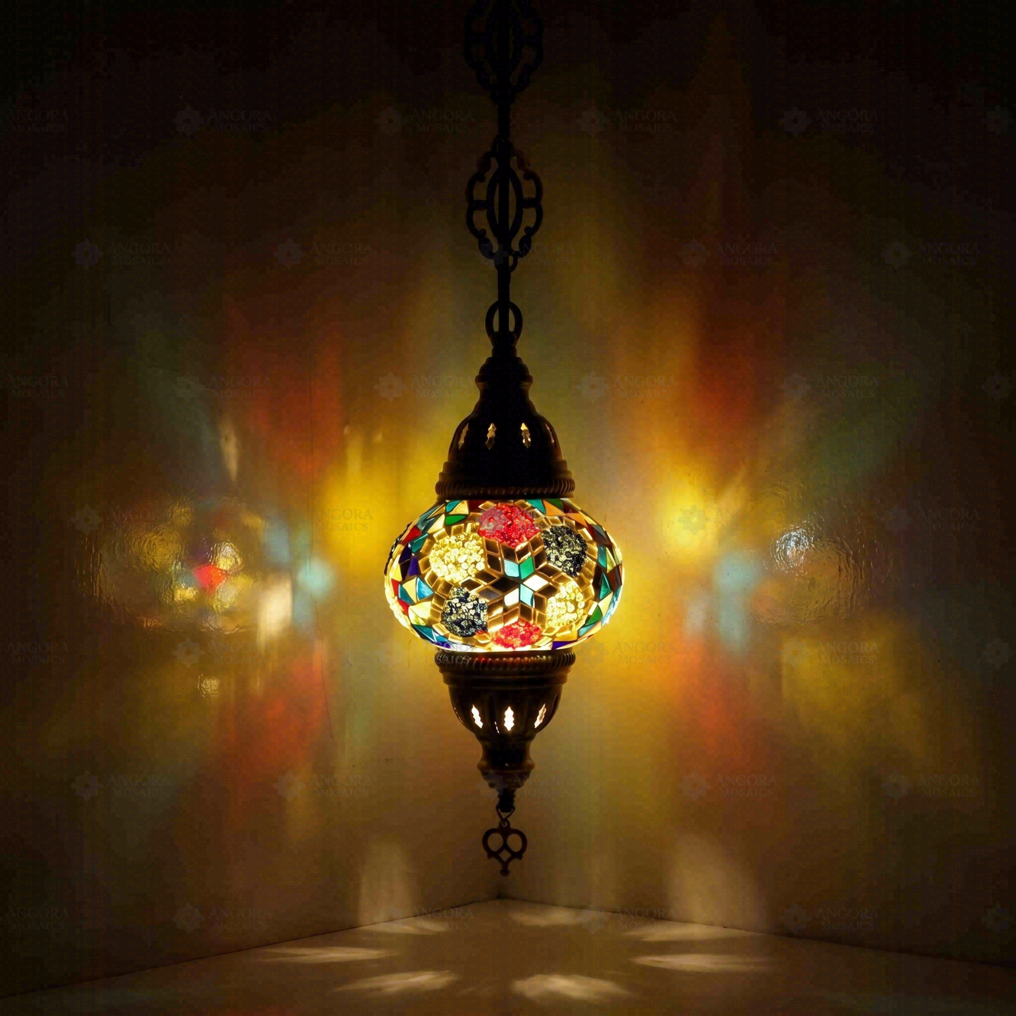 Multicolor Turkish mosaic pendant light illuminated, showing colorful light projection (ENV DYN2008)