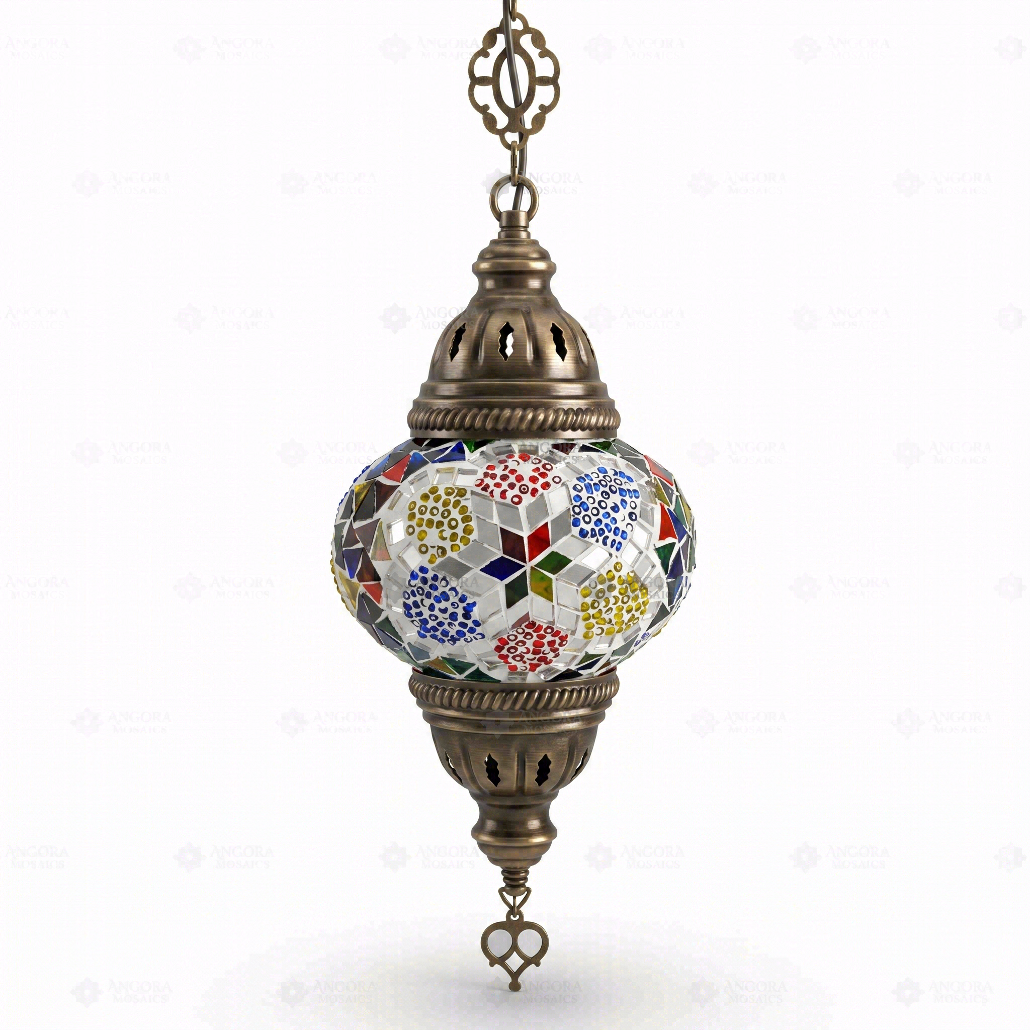 Full view of handmade Multicolor multicolor jewel Turkish mosaic pendant light on white background (ENV DYN2008)
