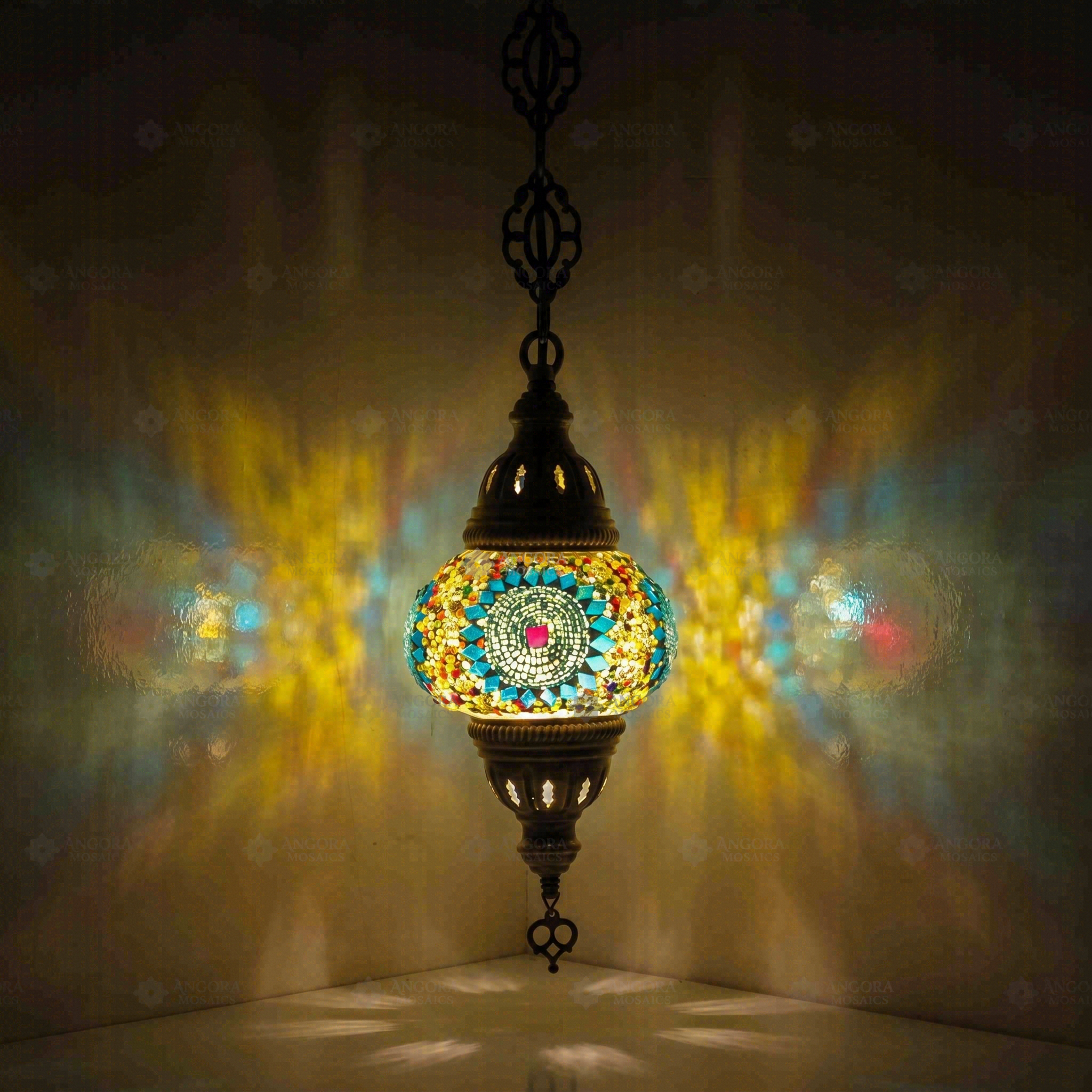 Cool Tones Turkish mosaic pendant light illuminated, showing colorful light projection (ENV DYN2010)