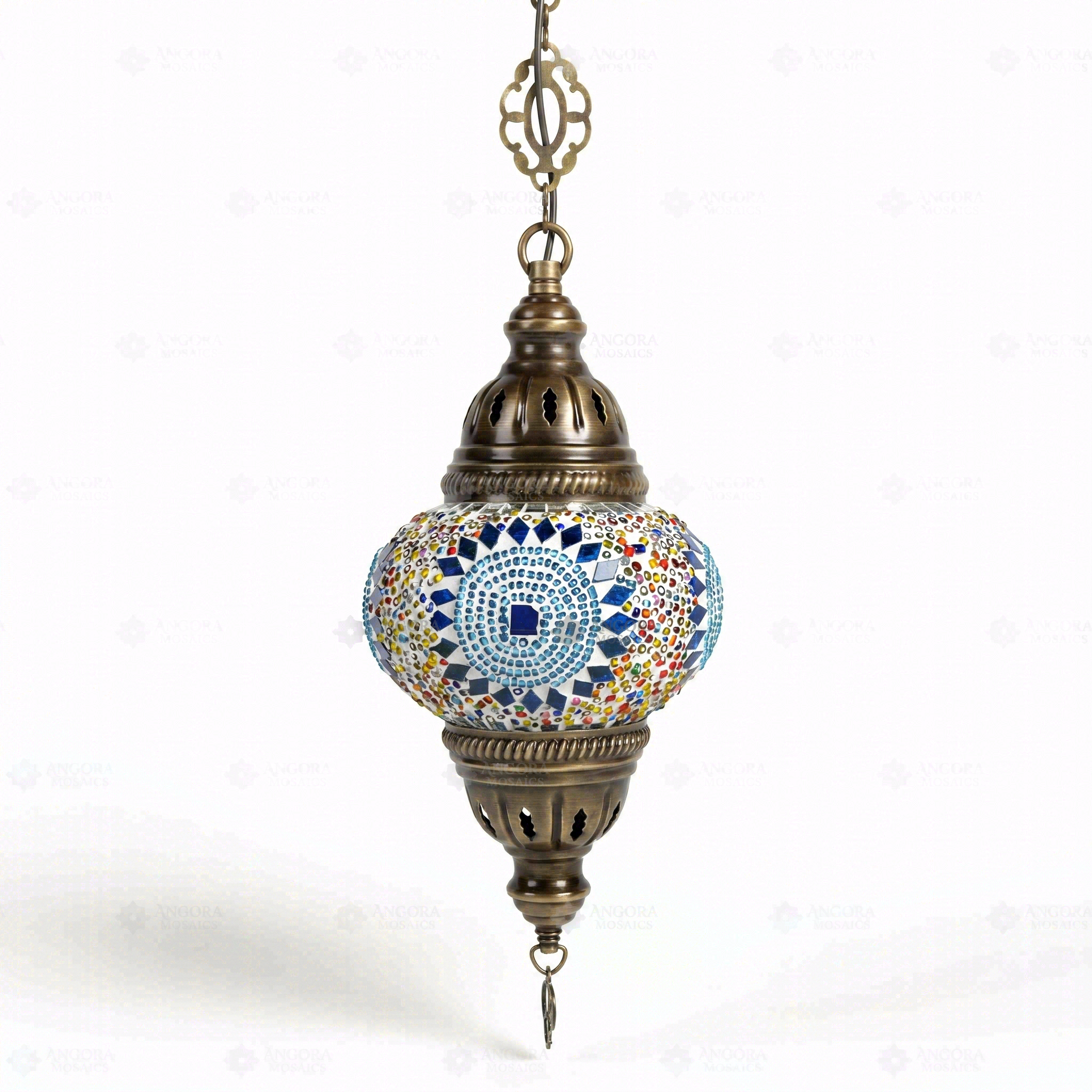 Full view of handmade Cool Tones mixed cool Turkish mosaic pendant light on white background (ENV DYN2010)