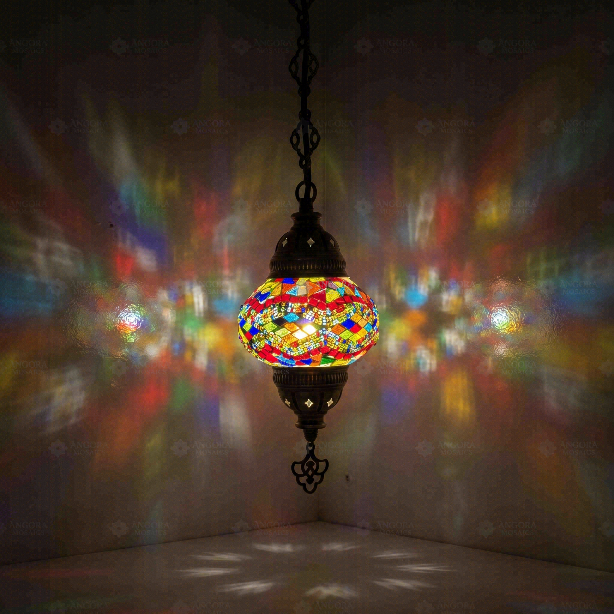 Multicolor Turkish mosaic pendant light illuminated, showing colorful light projection (ENV DYN2012)