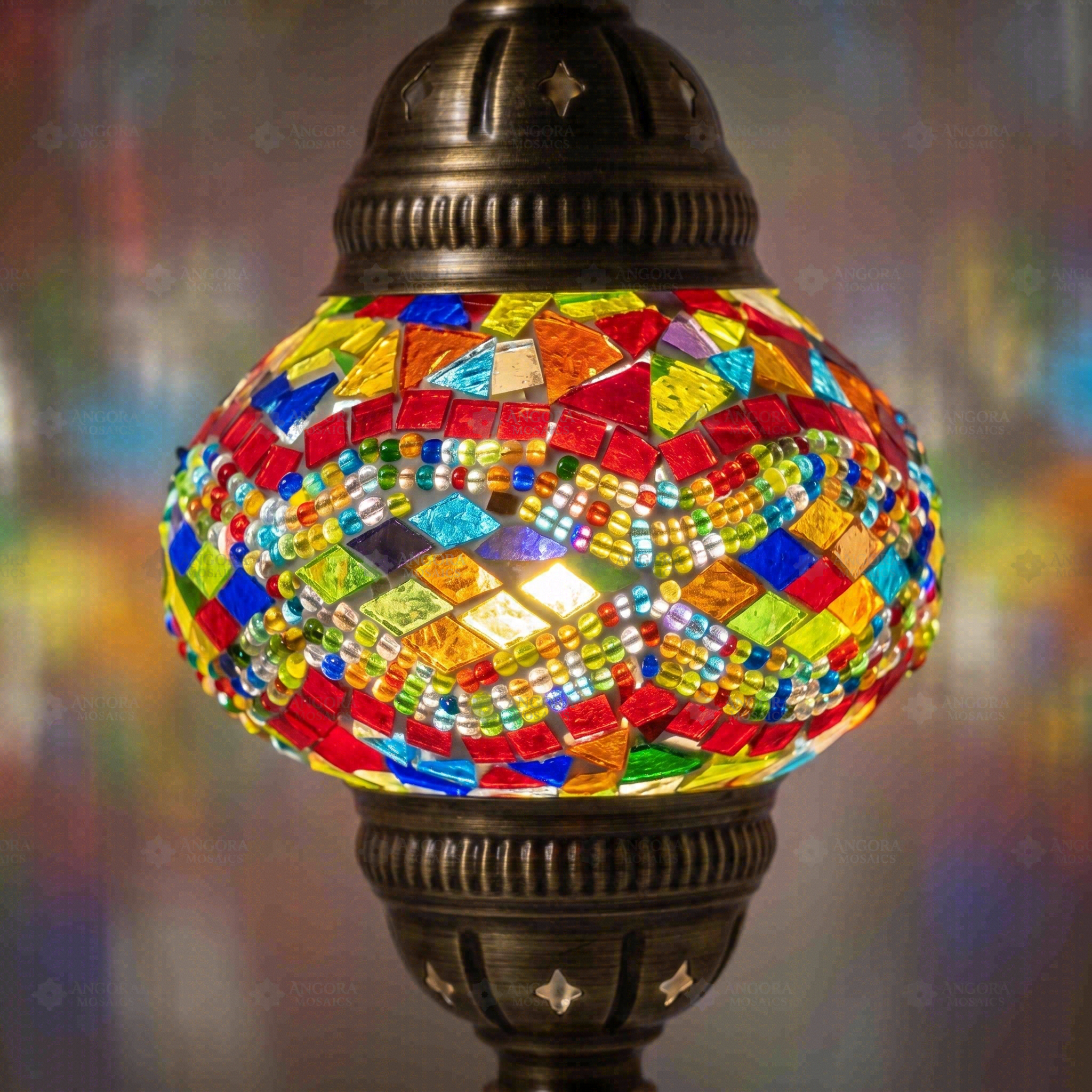 Lit close-up of mosaic glass globe — Multicolor pendant light glowing (ENV DYN2012)