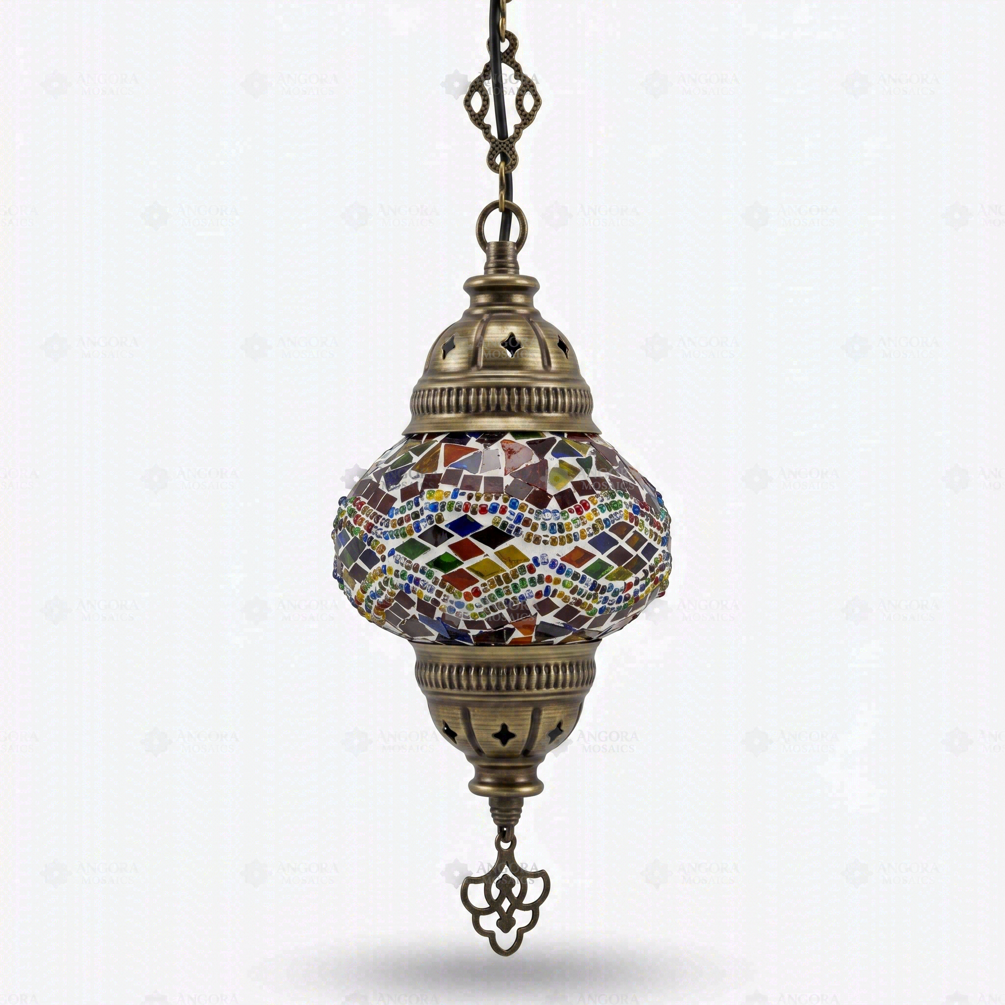 Full view of handmade Multicolor multicolor jewel Turkish mosaic pendant light on white background (ENV DYN2012)