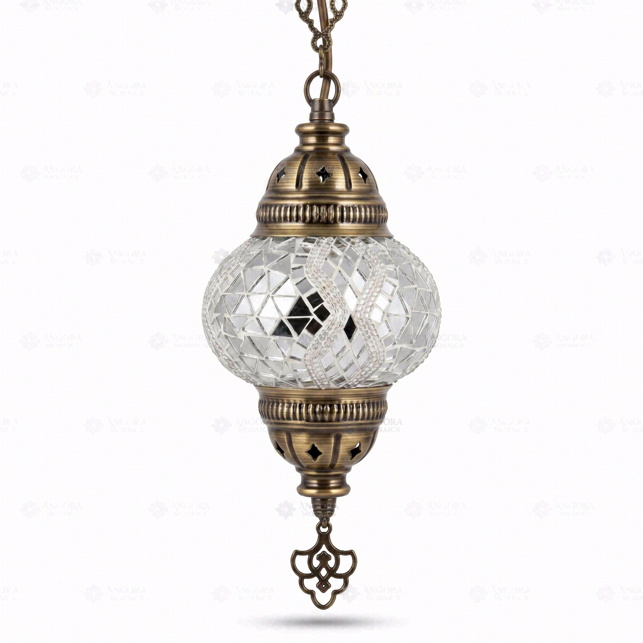 Full view of handmade White white glow Turkish mosaic pendant light on white background (ENV DYN2017)