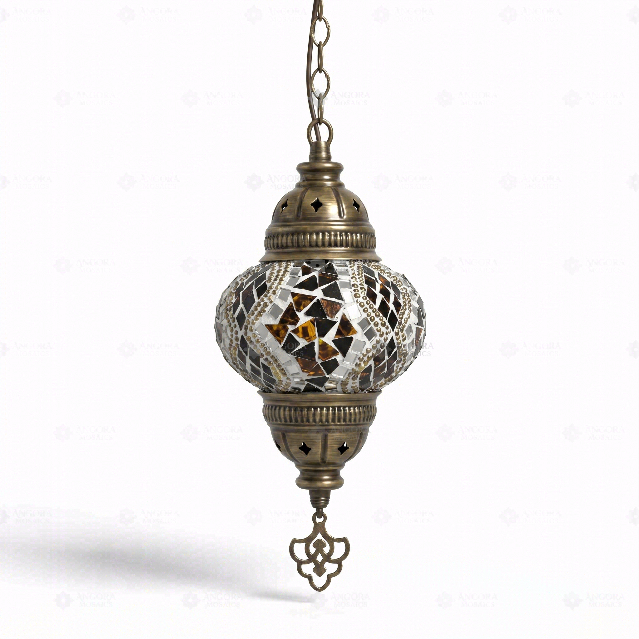 Full view of handmade Clear clear neutral Turkish mosaic pendant light on white background (ENV DYN2025)