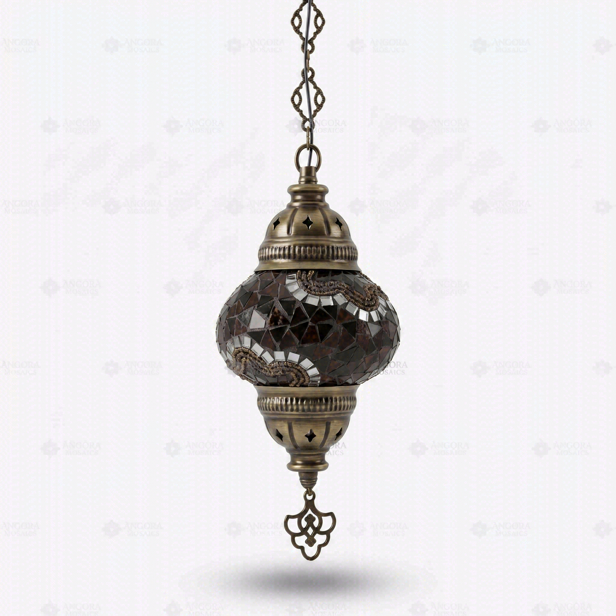Full view of handmade Amber warm amber Turkish mosaic pendant light on white background (ENV DYN2079)