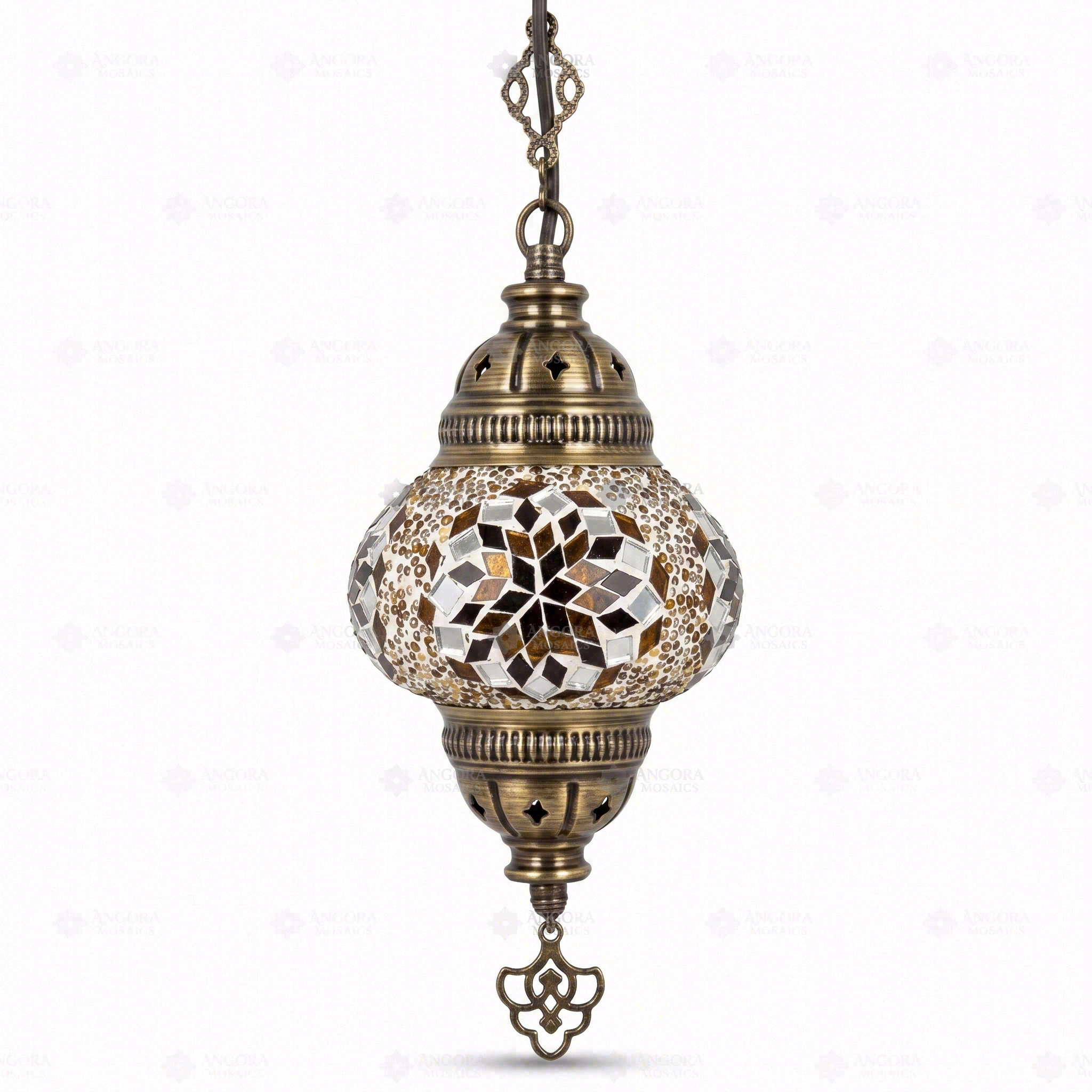 Full view of handmade Amber warm amber Turkish mosaic pendant light on white background (ENV DYN2118)