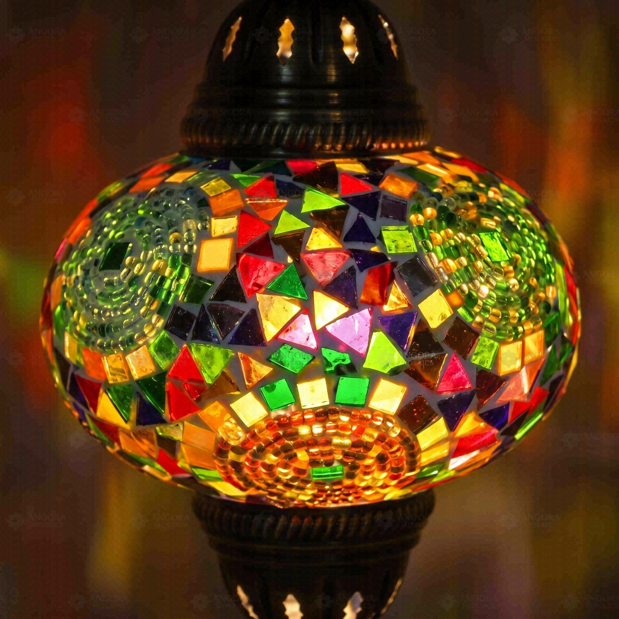 Lit close-up of mosaic glass globe — Multicolor pendant light glowing (ENV DYN3001)