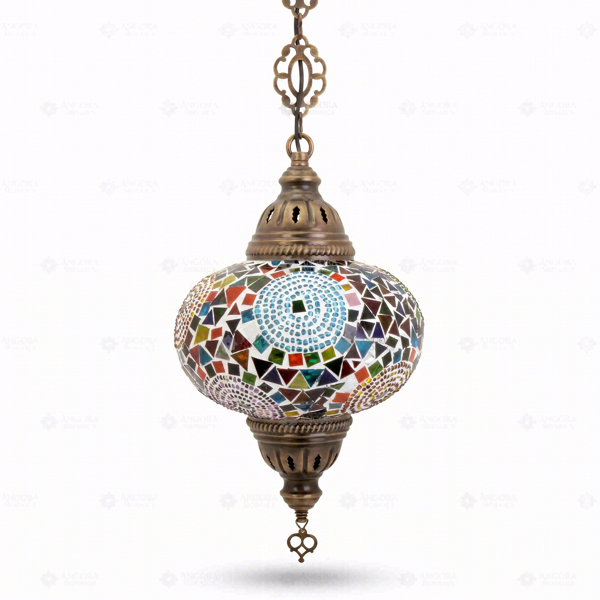 Full view of handmade Multicolor multicolor jewel Turkish mosaic pendant light on white background (ENV DYN3001)