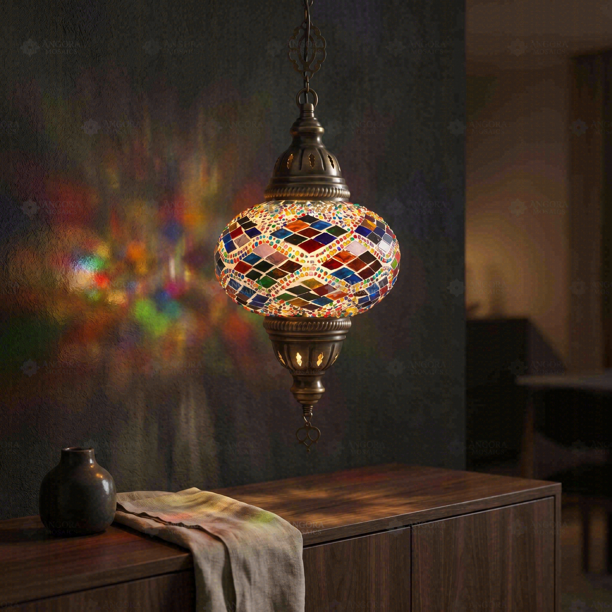 Multicolor multicolor jewel Turkish mosaic pendant light in styled room — handmade Moroccan pendant light (ENV DYN3002)