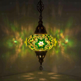 Green Turkish mosaic pendant light illuminated, showing colorful light projection (ENV DYN3003)