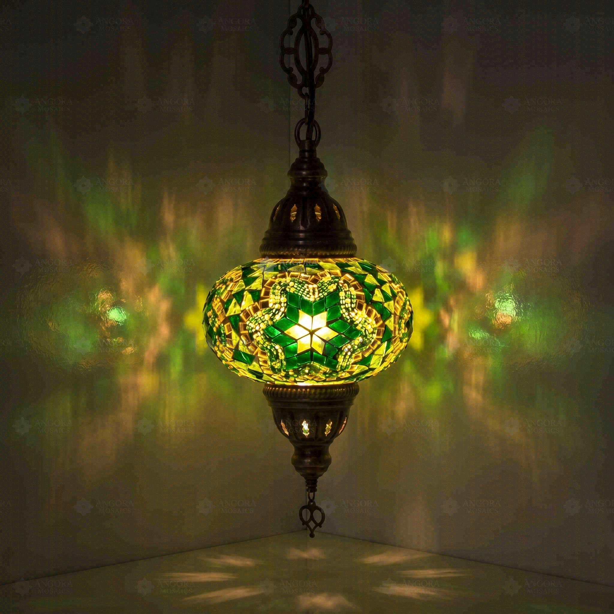 Green Turkish mosaic pendant light illuminated, showing colorful light projection (ENV DYN3003)