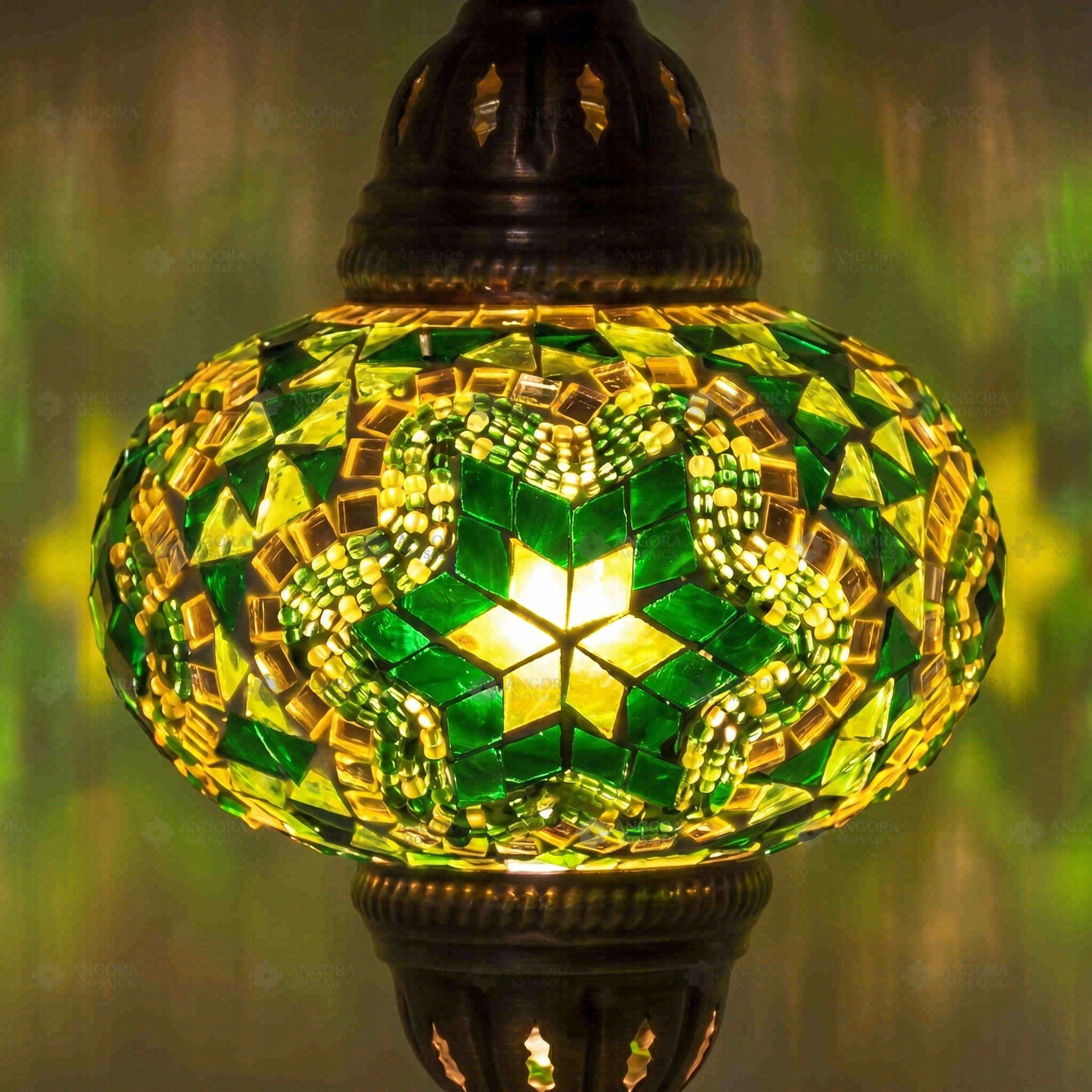 Lit close-up of mosaic glass globe — Green pendant light glowing (ENV DYN3003)
