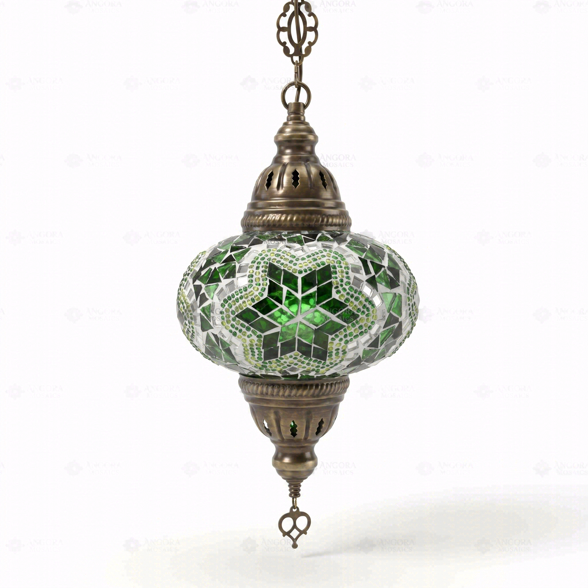 Full view of handmade Green green jewel Turkish mosaic pendant light on white background (ENV DYN3003)