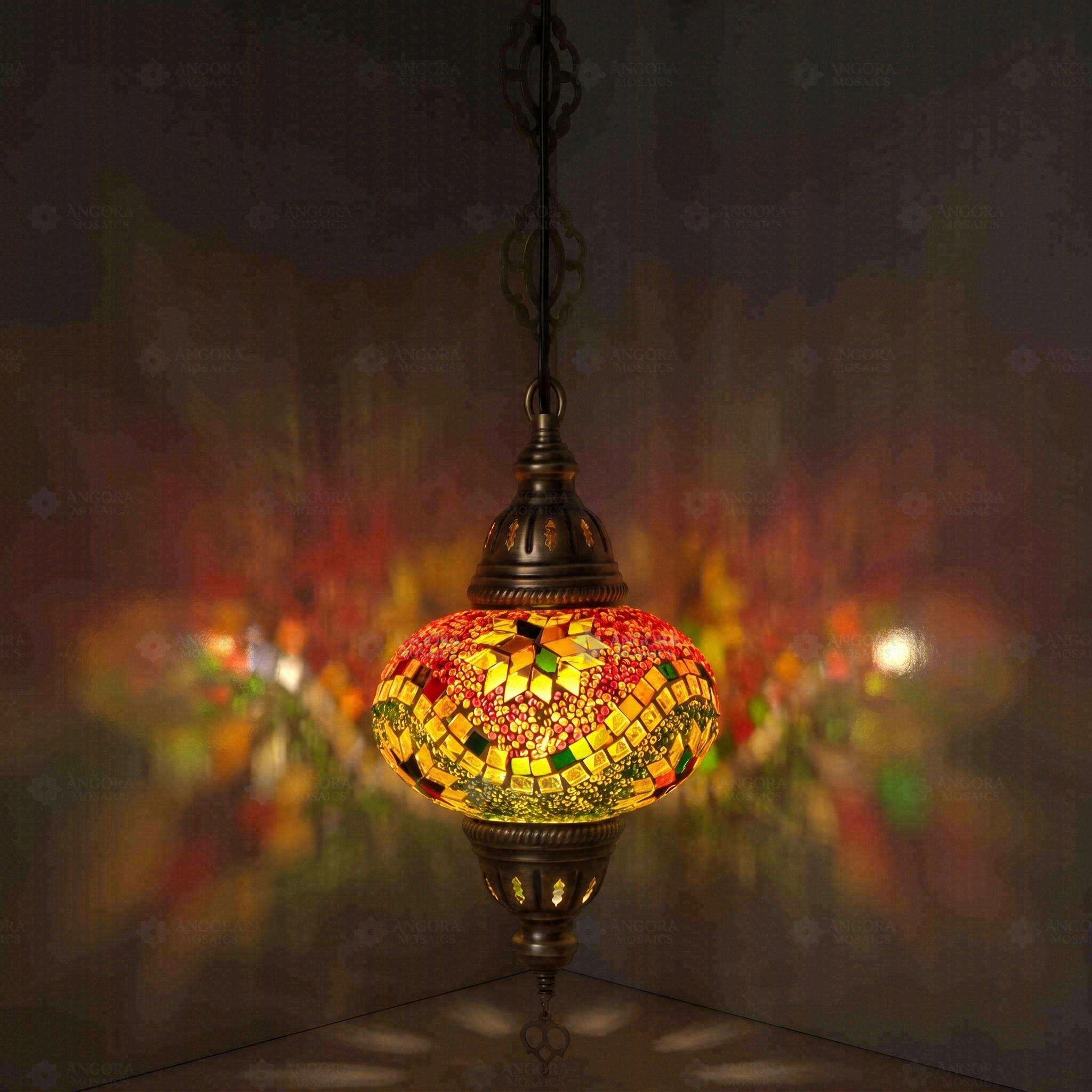 Multicolor Turkish mosaic pendant light illuminated, showing colorful light projection (ENV DYN3004)