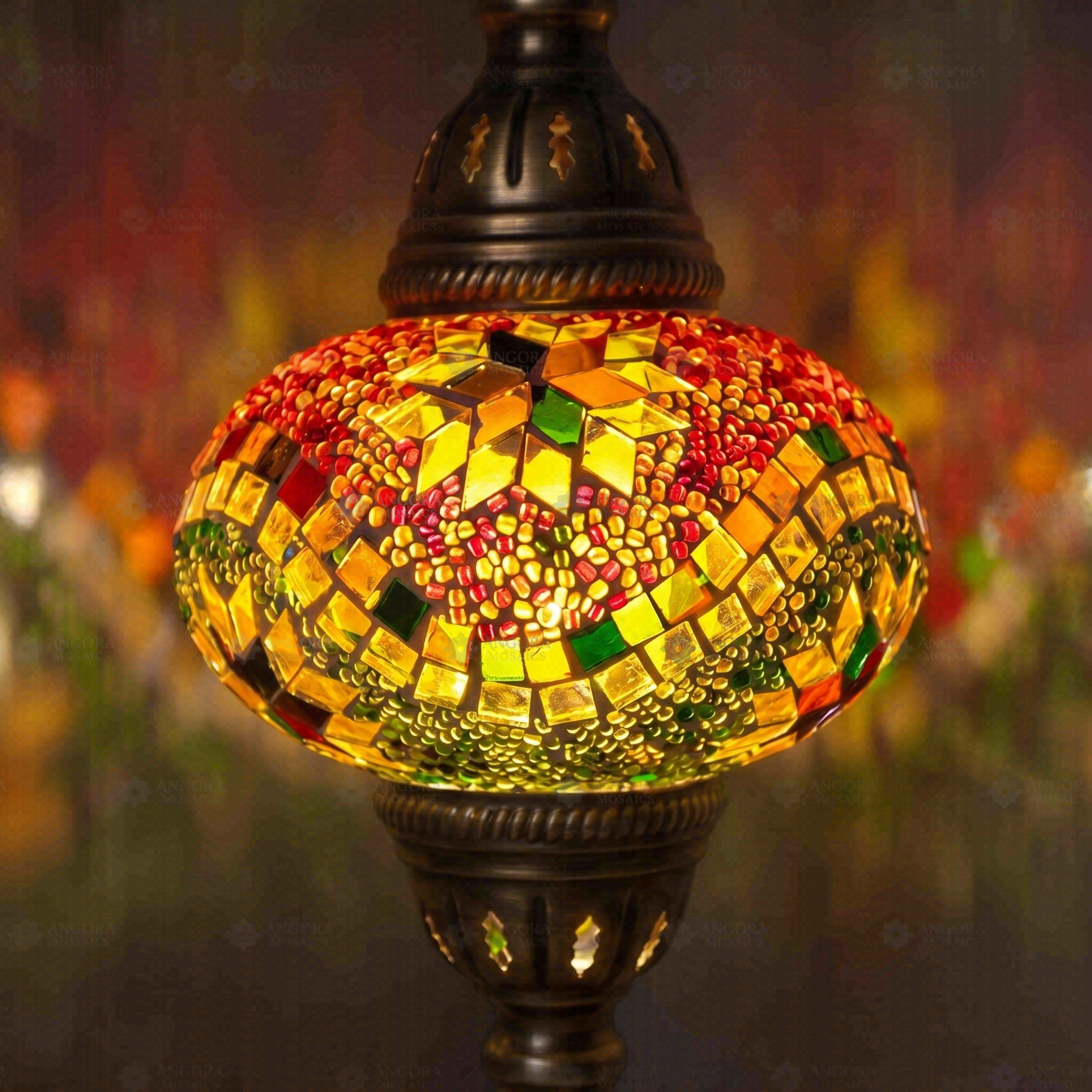 Lit close-up of mosaic glass globe — Multicolor pendant light glowing (ENV DYN3004)