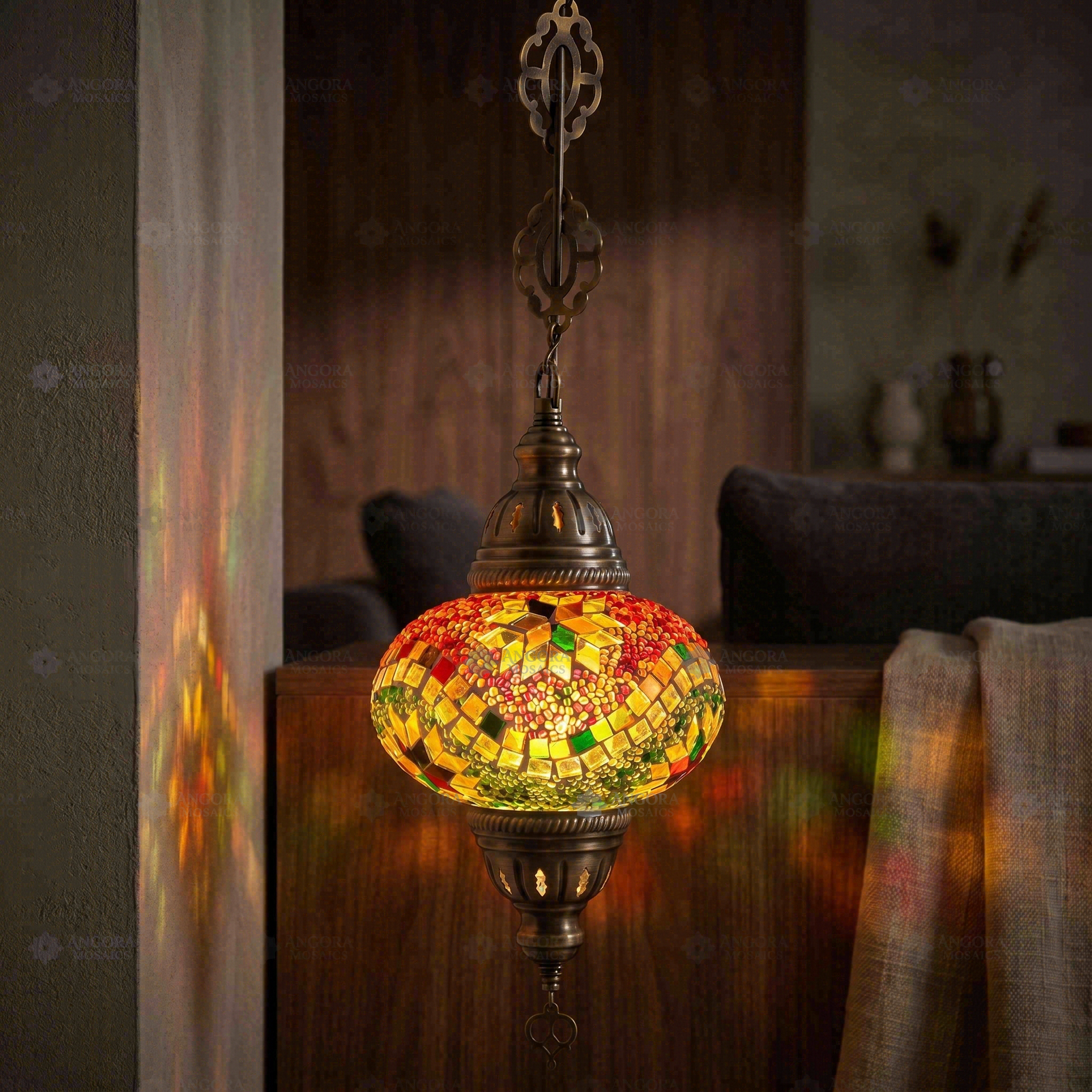 Multicolor multicolor jewel Turkish mosaic pendant light in styled room — handmade Moroccan pendant light (ENV DYN3004)